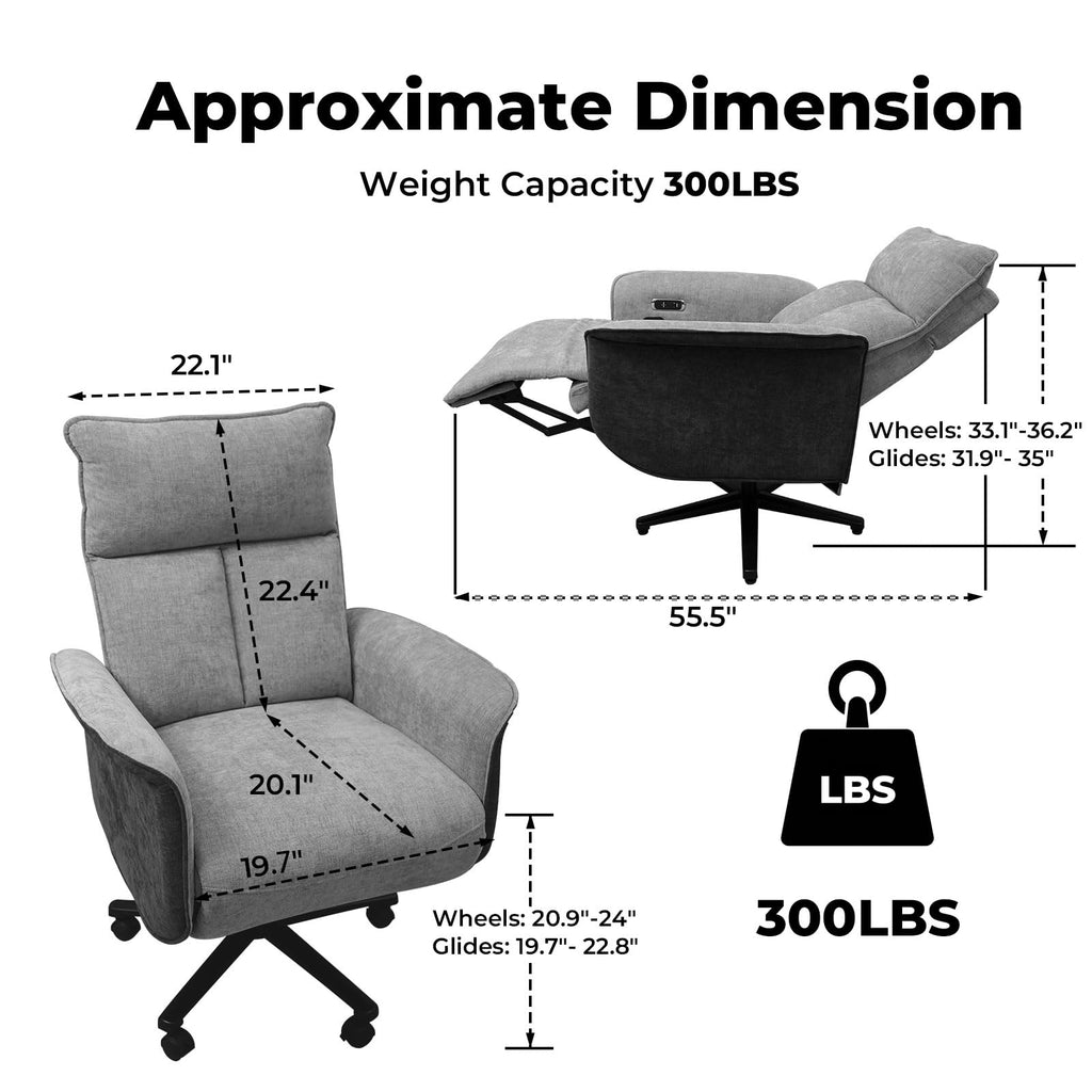 Ergonomic Executive Recliner, Adjustable Electric Office Chair 90-155° with Footrest, 4-Position Headrest, 300LBS Heavy Duty, 2-in-1 Base Swivel Desk Chair w/USB, Grey & Black Chenille
