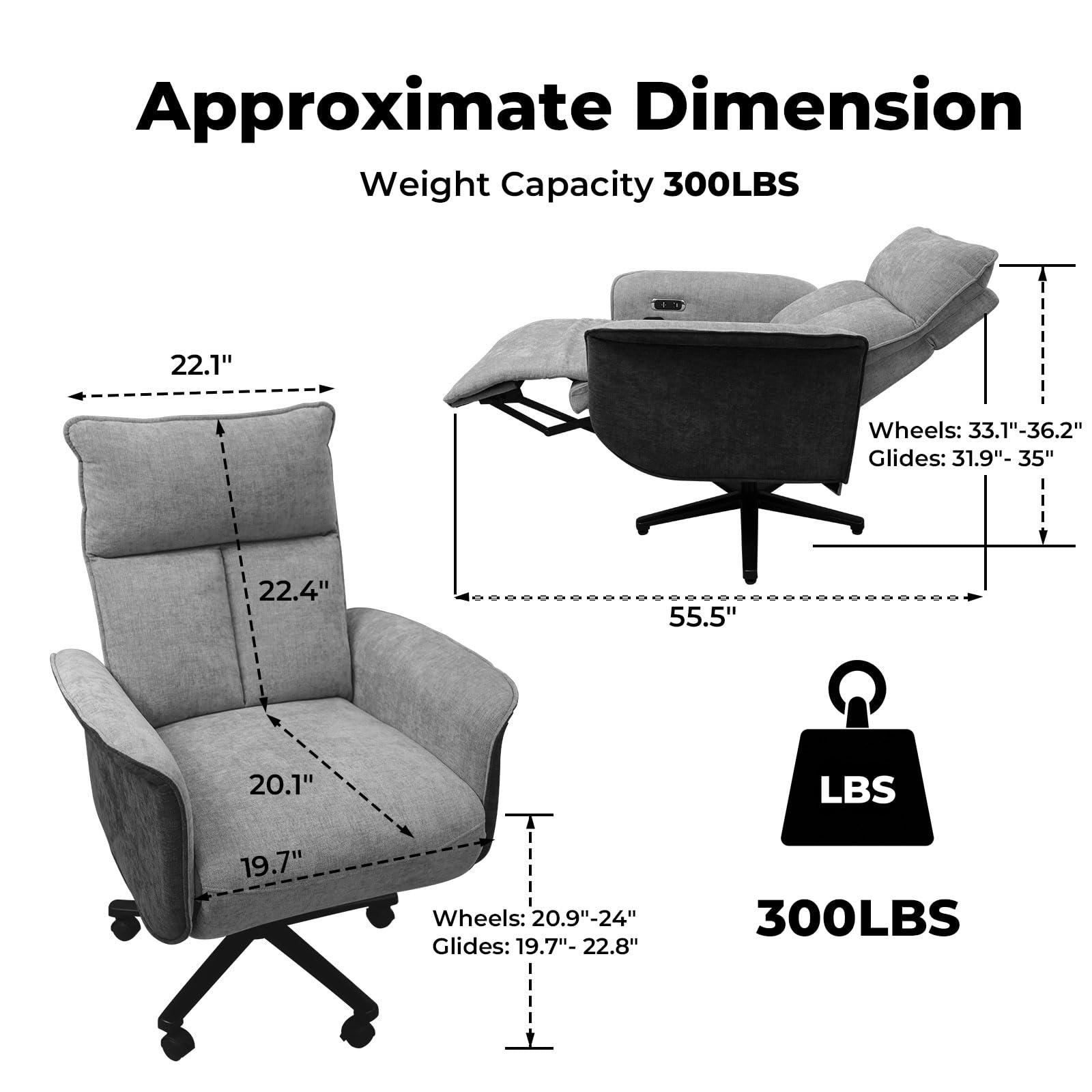 Ergonomic Executive Recliner, Adjustable Electric Office Chair 90-155° with Footrest, 4-Position Headrest, 300LBS Heavy Duty, 2-in-1 Base Swivel Desk Chair w/USB, Grey & Black Chenille