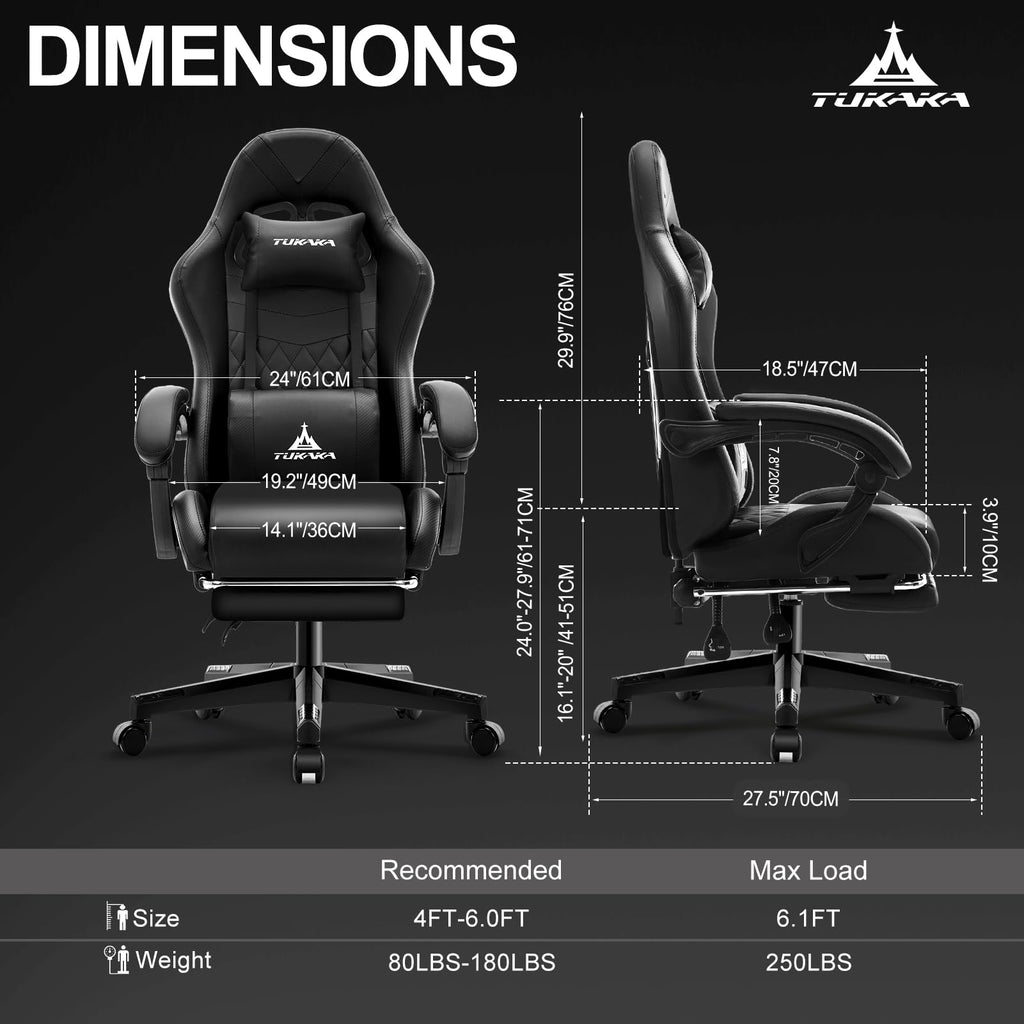 Gaming Chair,Ergonomic Massage Computer Office Desk Chair with Footrest,Pocket Spring Cushion,Reclining Leather Adjustable Gamer Chair with Headrest and Lumbar Support,Black