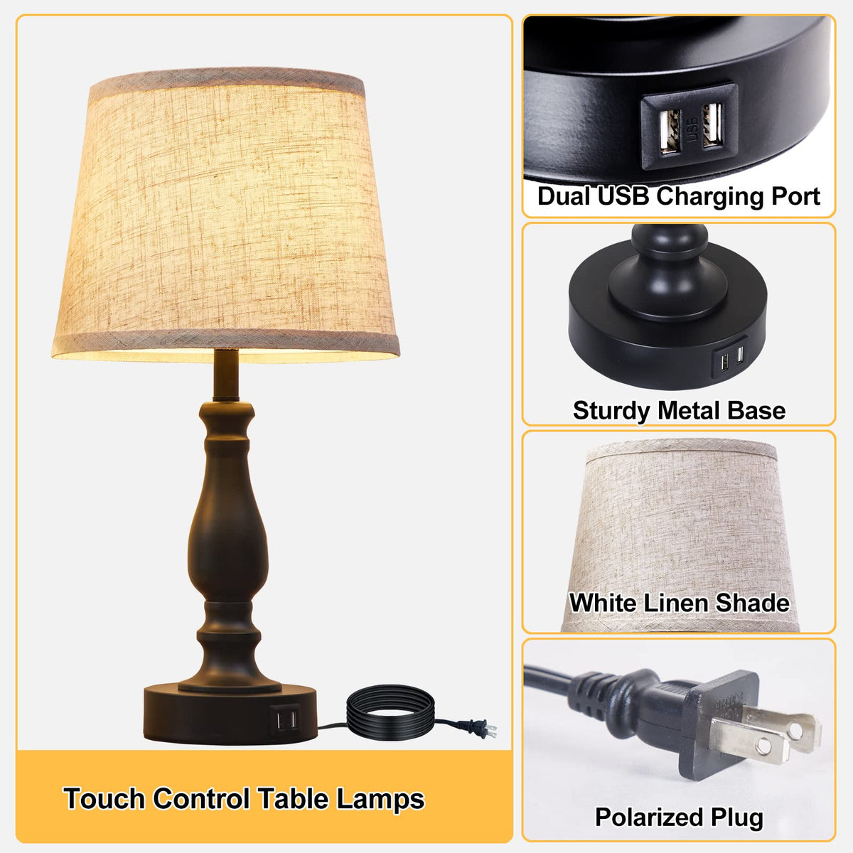Table Lamps Set of 2, Bedside Nightstand Lamps with USB Charging Ports,Dimmable Touch with Linen Fabric Lampshade, Modern Small Lamp for Bedrooms, Living Room (Bulbs Included)