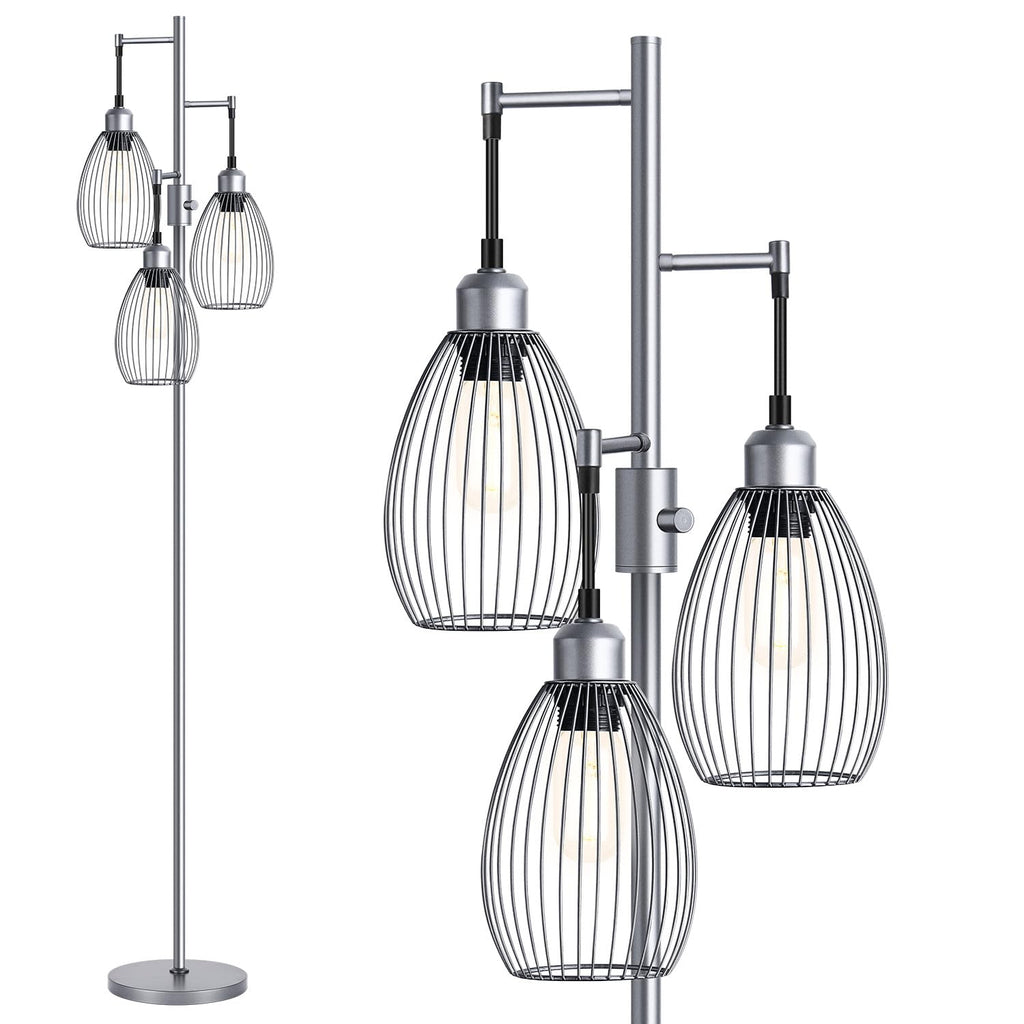 Floor Lamp, 3 x 800LM LED Edison Bulbs Included, Industrial Floor Lamp Standing Tree Lamp with Elegant Teardrop Cage Heads Tall Lamps for Living Room Bedroom-Grey