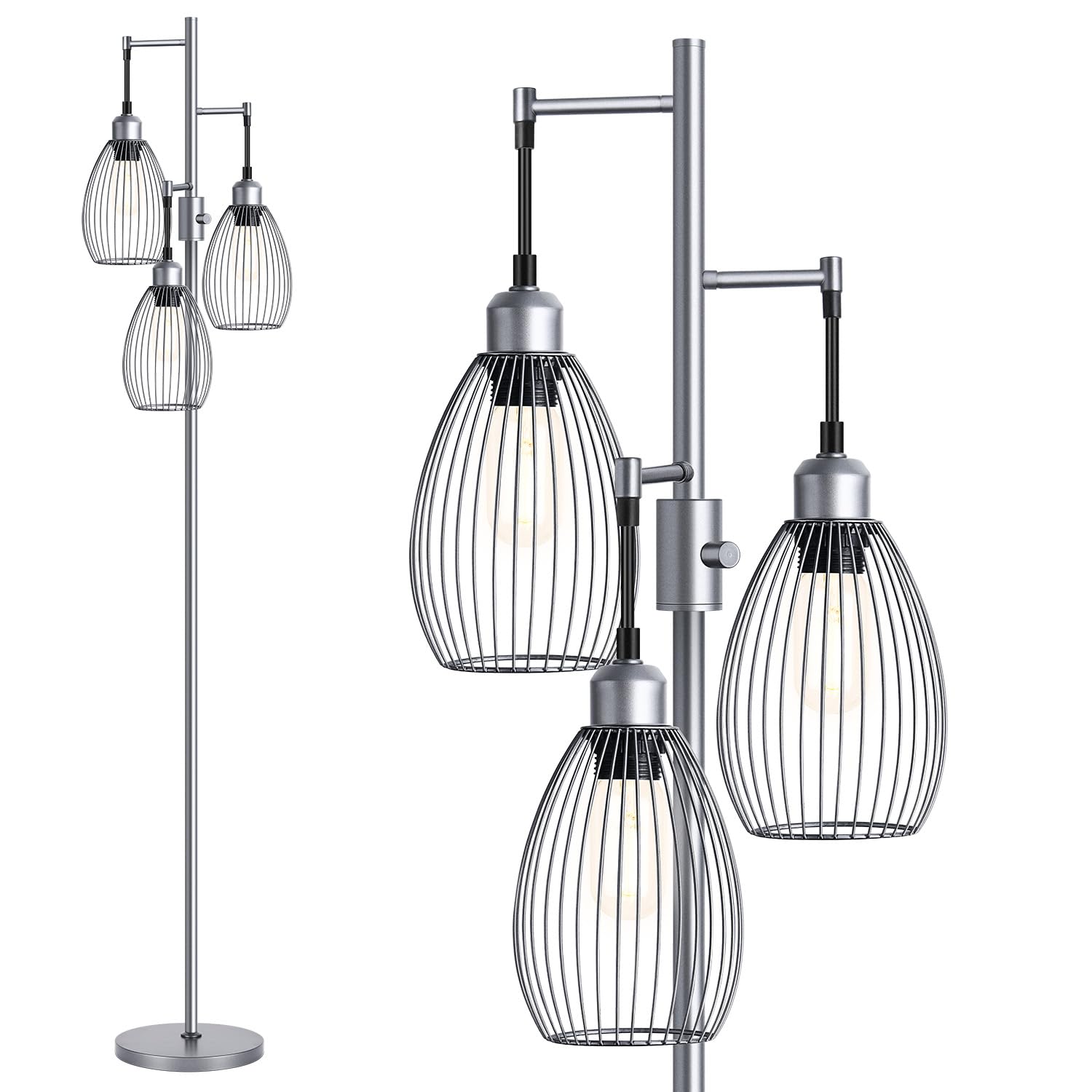 Floor Lamp, 3 x 800LM LED Edison Bulbs Included, Industrial Floor Lamp Standing Tree Lamp with Elegant Teardrop Cage Heads Tall Lamps for Living Room Bedroom-Grey