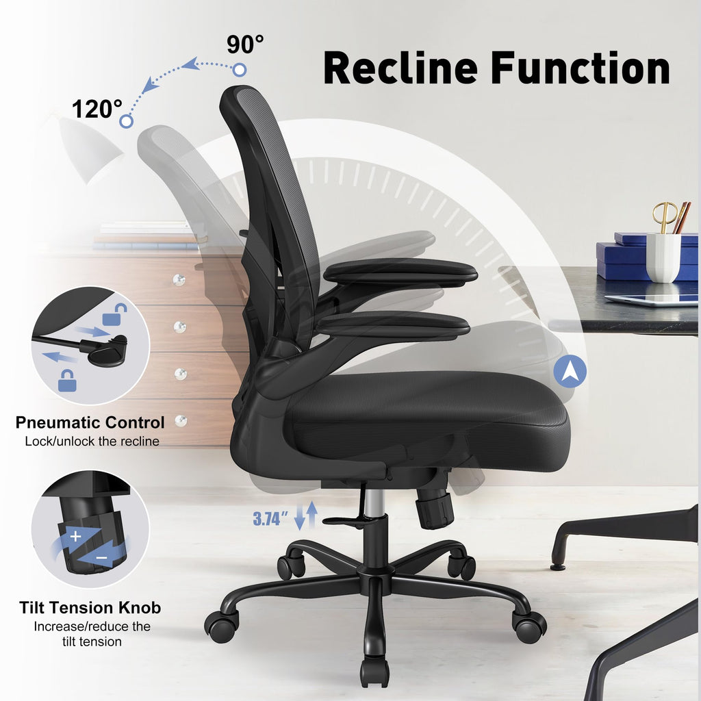 Ergonomic Office Chair, Mesh Fabric Home Office Chairs with Adjustable Lumbar Support, 360° Swivel, and Flip-Up Armrests, Black