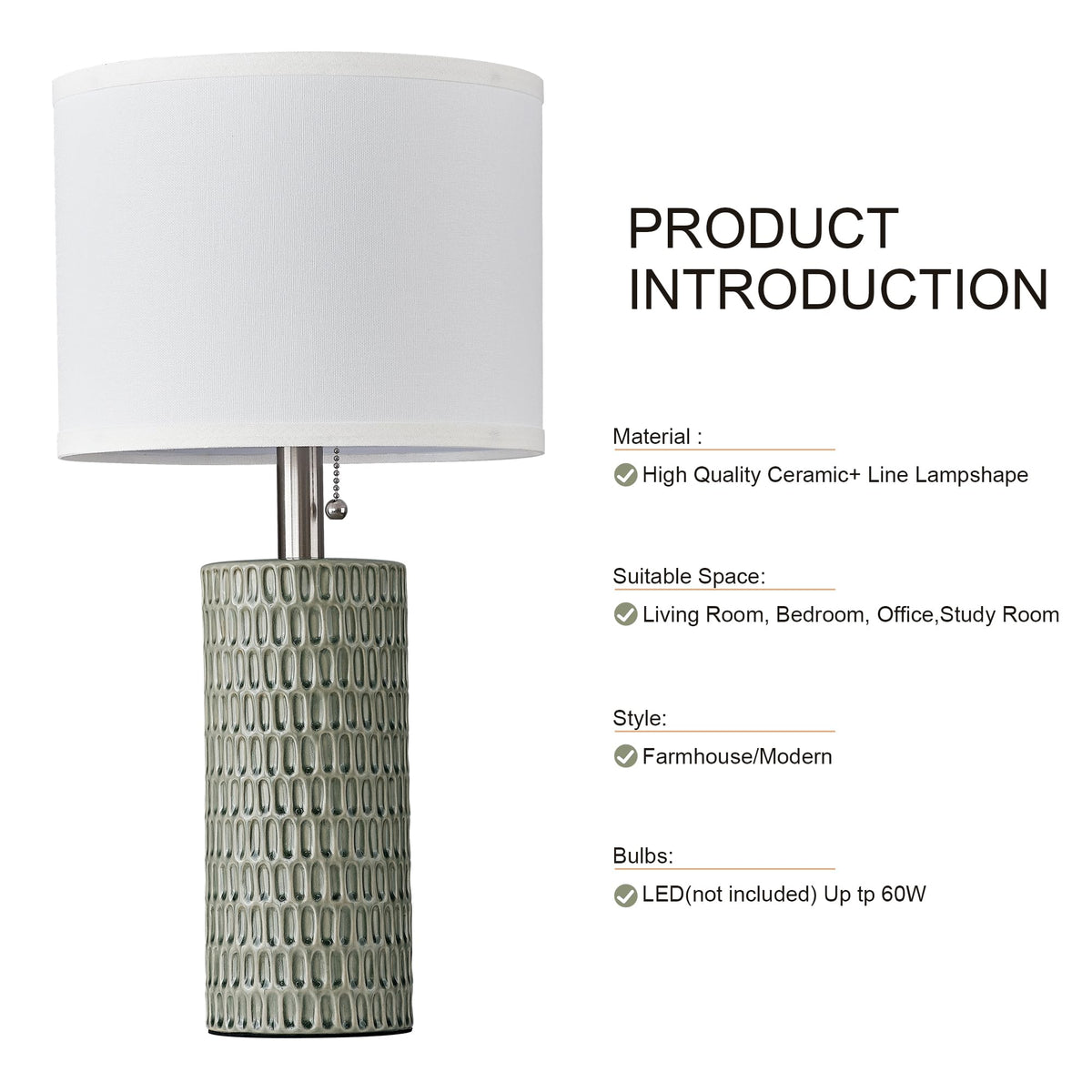 Modern Table Lamps Set of 2, Bedside Lamps for Nightstands, Green