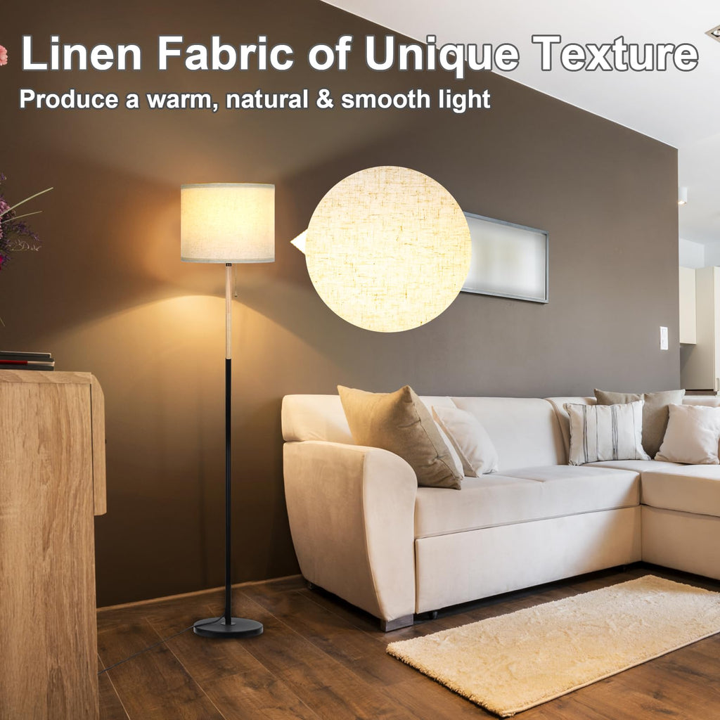 Bedroom Standing Floor Lamp with Linen Shade,White+ Wood Black Pole