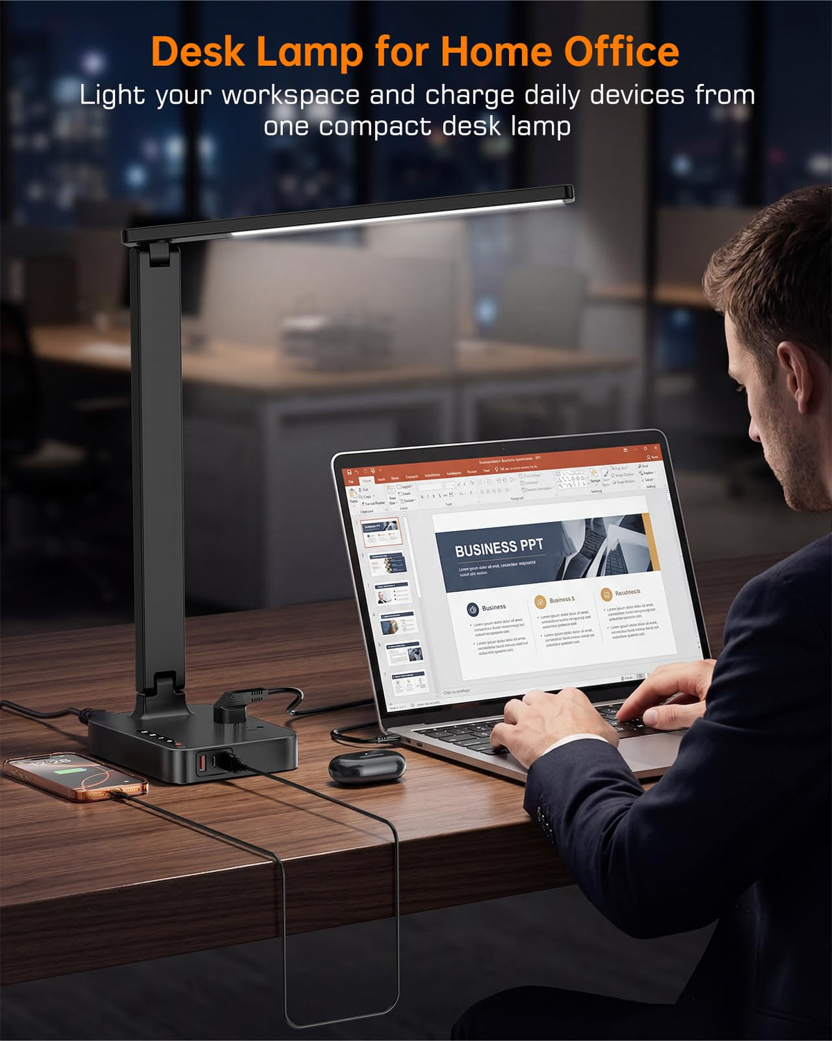 LED Desk Lamp for Dorm Office, USB-C,AC Outlet, Reading Light, Black