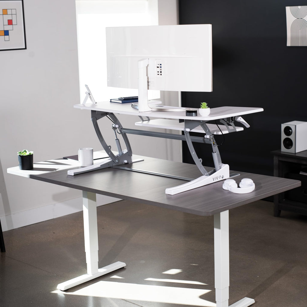 48 inch Height Adjustable Large Stand Up Desk Converter, V Series, Quick Sit to Stand Tabletop Dual Monitor Riser Workstation, White, DESK