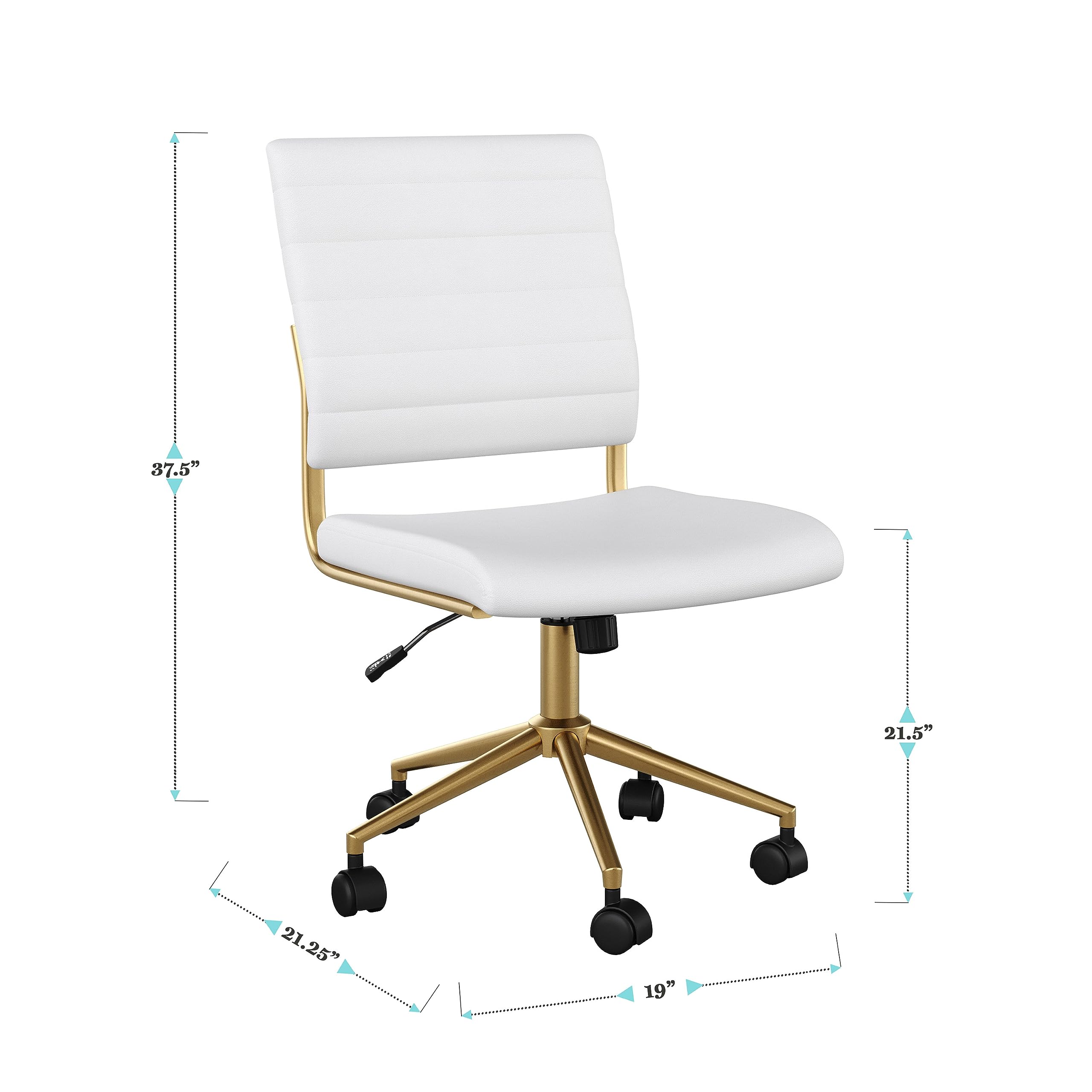 Armless Swivel Task Chair for Home Office in White Faux Leather with Polished Brass Frame
