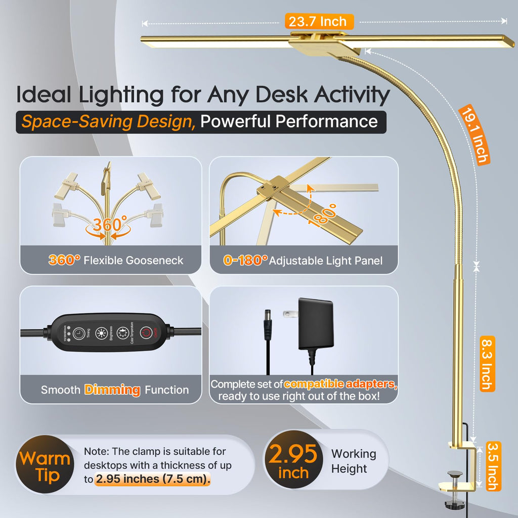 LED Desk Lamp for Office, Dual Head Eye-Care Architect Table Lamp, Gesture/Wired Control, Flexible Neck, Bright Desk Light with Memory/Timer, 50 Lighting Modes for Study, Drafting, Gold