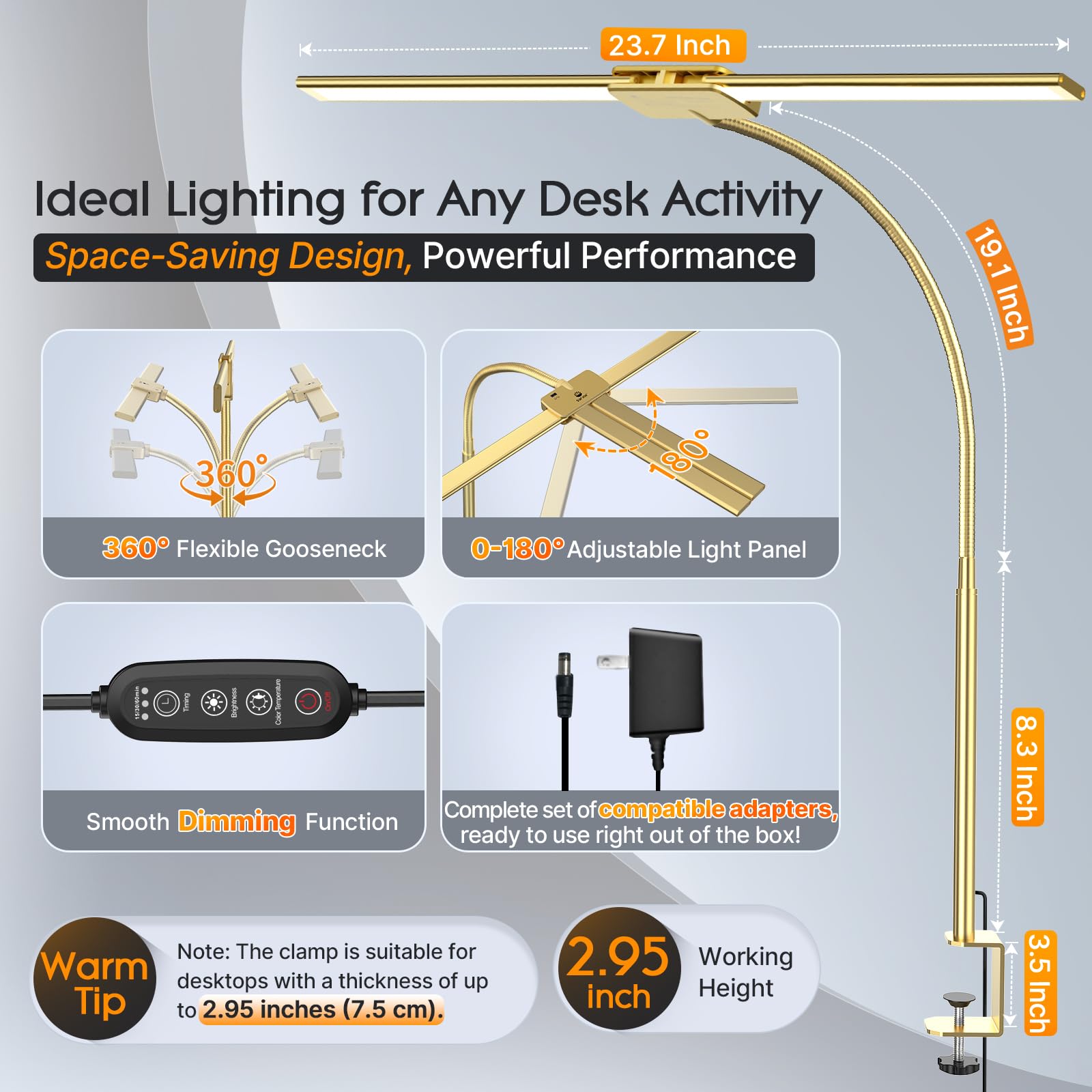 LED Desk Lamp for Office, Dual Head Eye-Care Architect Table Lamp, Gesture/Wired Control, Flexible Neck, Bright Desk Light with Memory/Timer, 50 Lighting Modes for Study, Drafting, Gold