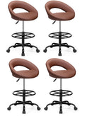 Brown 4 Pack, Drafting Chair with Back, Height Adjustable Rolling Stool with Foot Rest, Tall 360° Swivel Stool PU Leather Chair with Wheels for Home Office, Standing Desk