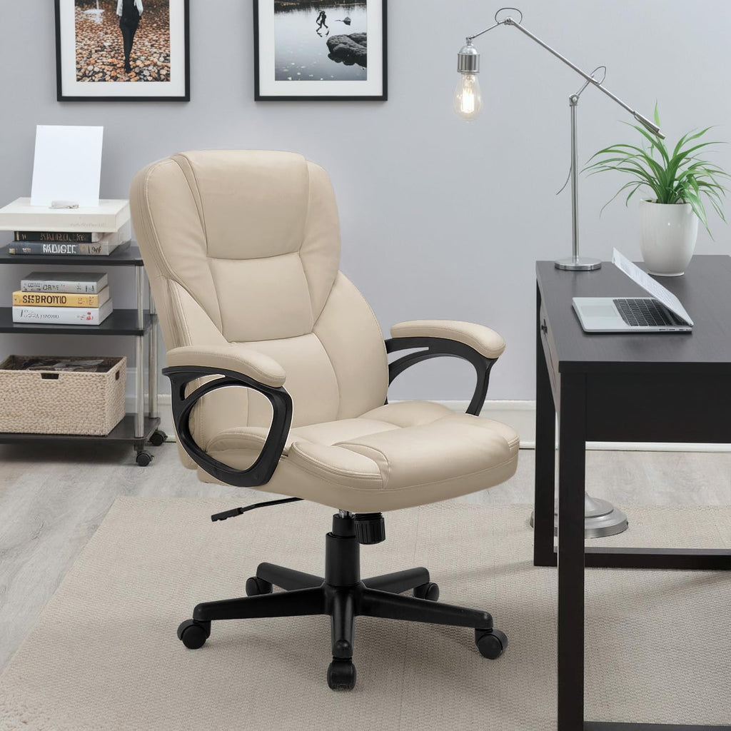 Office Executive Chair High Back Adjustable Managerial Home Desk Chair, Swivel Computer PU Leather Chair with Lumbar Support (1, Beige)