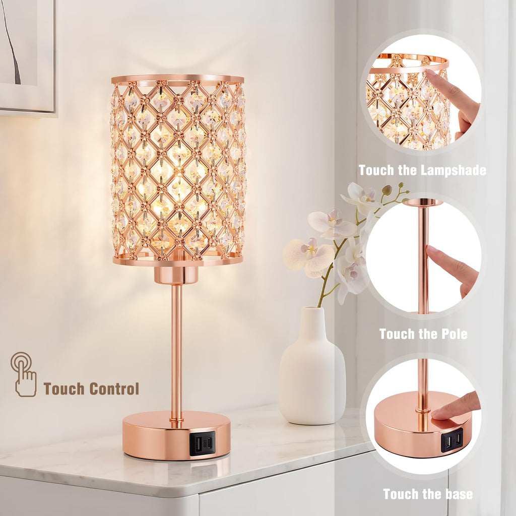 Crystal Table Lamp, Rose Gold Touch Lamp with USB C+A Port, 3-Way Dimmable