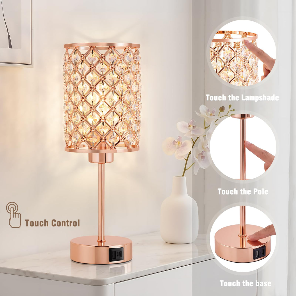 Crystal Table Lamp, Rose Gold Touch Lamp with USB C+A Port, 3-Way Dimmable