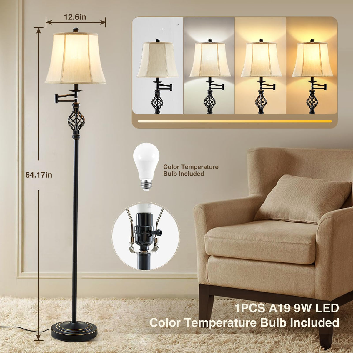 Color Temperature Adjustable Floor lamp, Traditional 350° Adjustable Swing Arm Floor Lamp Vintage Pole lamp Farmhouse Lamp for Living Rooms & Offices, Rustic Standing Lamp for Bedroom Reading