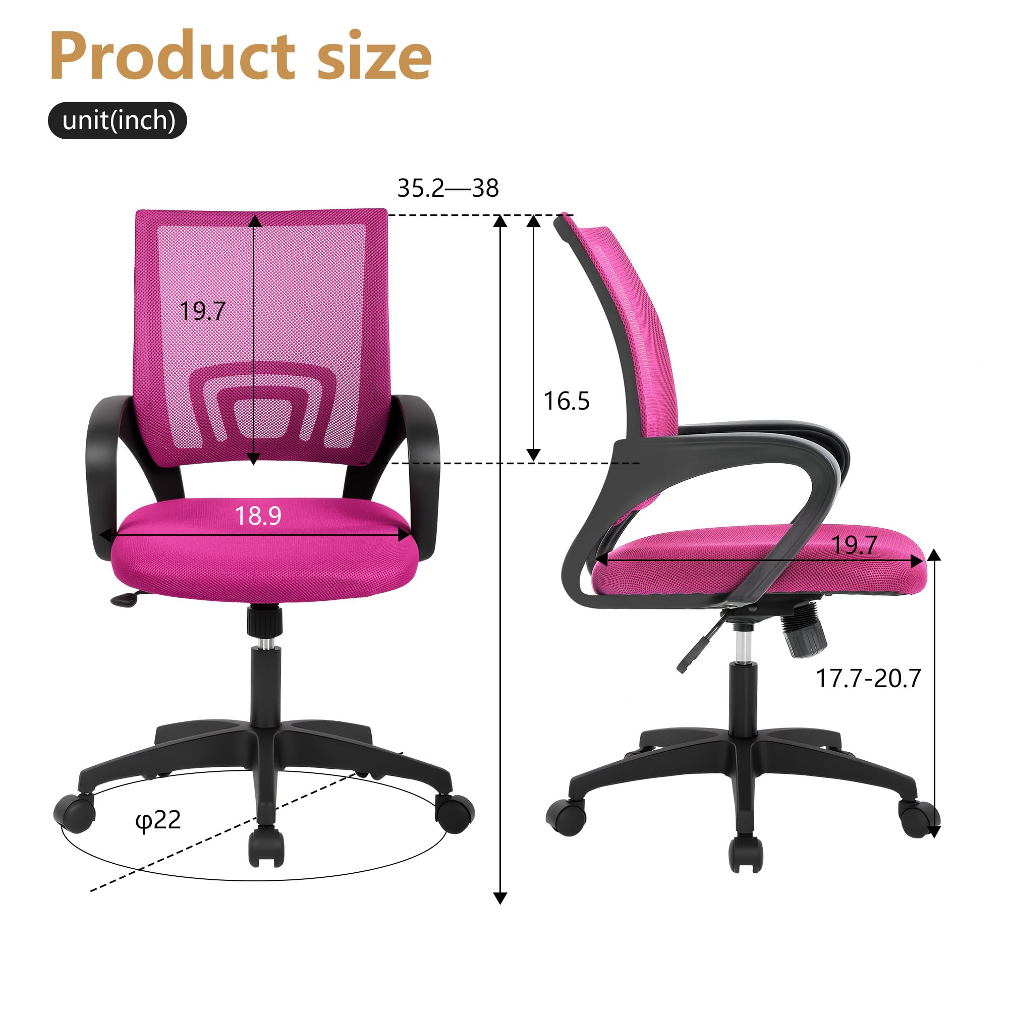 Ergonomic Office Chair | Mid-Back Swivel Desk Chair | Breathable Backrest & Lumbar Support | Adjustable Height | Sponge Seat | Rolling Wheels | Peach Pink | for Adults & Women