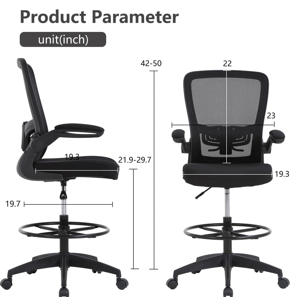 Drafting Chair Tall Office Chair Adjustable Height with Lumbar Support Flip Up Arms Footrest Mid Back Task Mesh Desk Chair Computer Chair Drafting Stool for Standing Desk (B-Black)