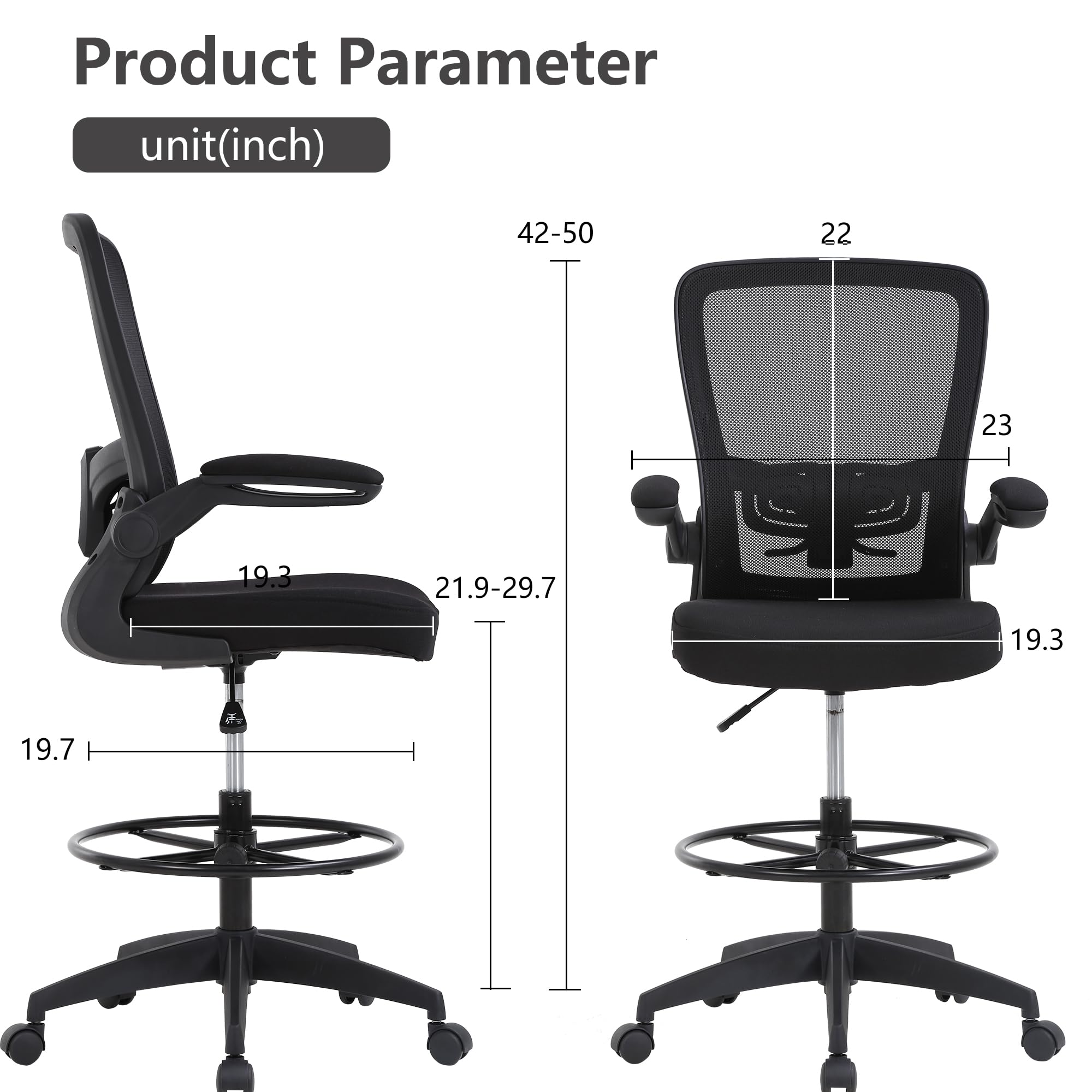 Drafting Chair Tall Office Chair Adjustable Height with Lumbar Support Flip Up Arms Footrest Mid Back Task Mesh Desk Chair Computer Chair Drafting Stool for Standing Desk (B-Black)