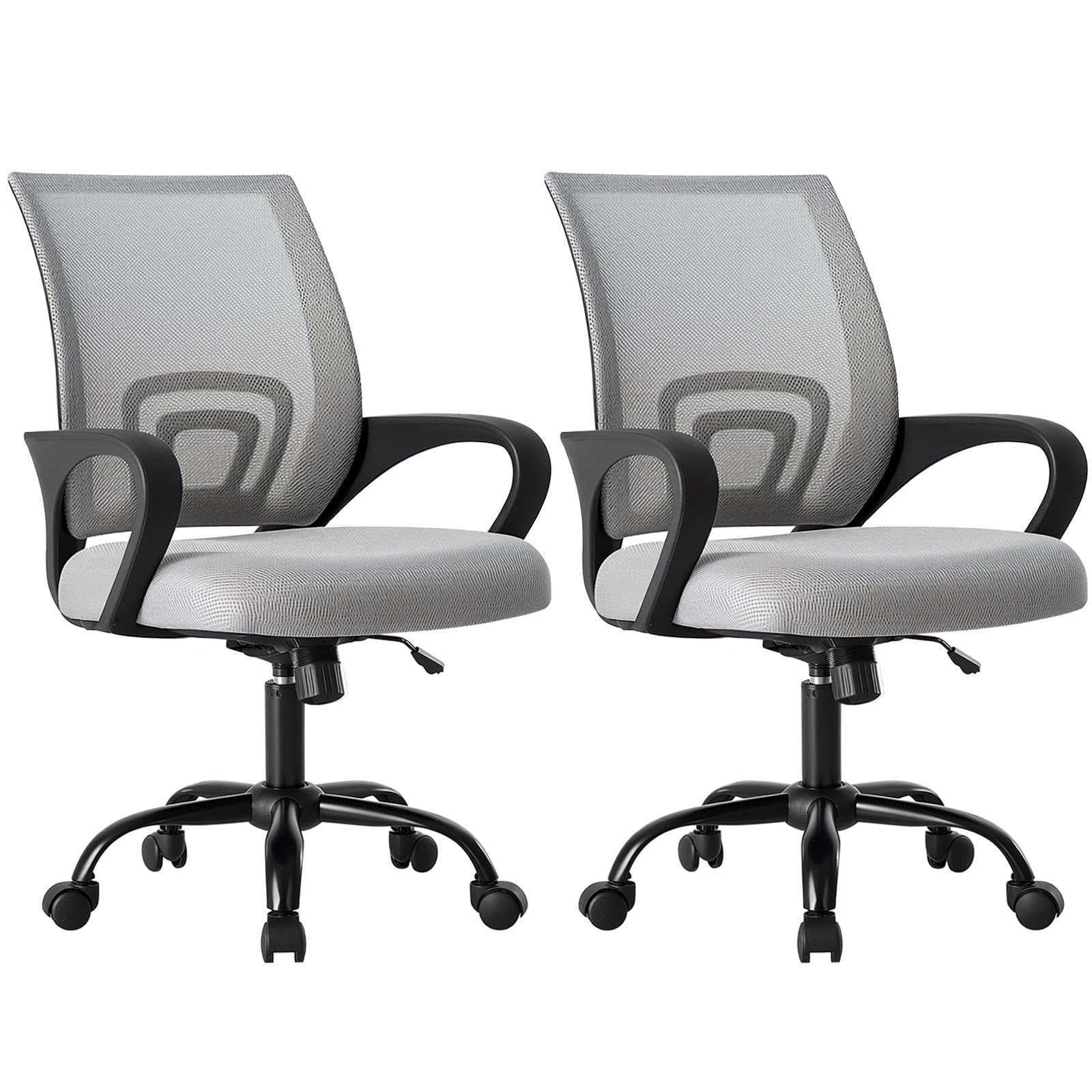 2 Pack, Office Desk Chair - Ergonomic Mid Back with Lumbar Support & Rocking Mode, Height Adjustable with Fixed Armrest, for Home, Computer, Gaming, Conference, Meeting Room, 360° Swivel, Grey