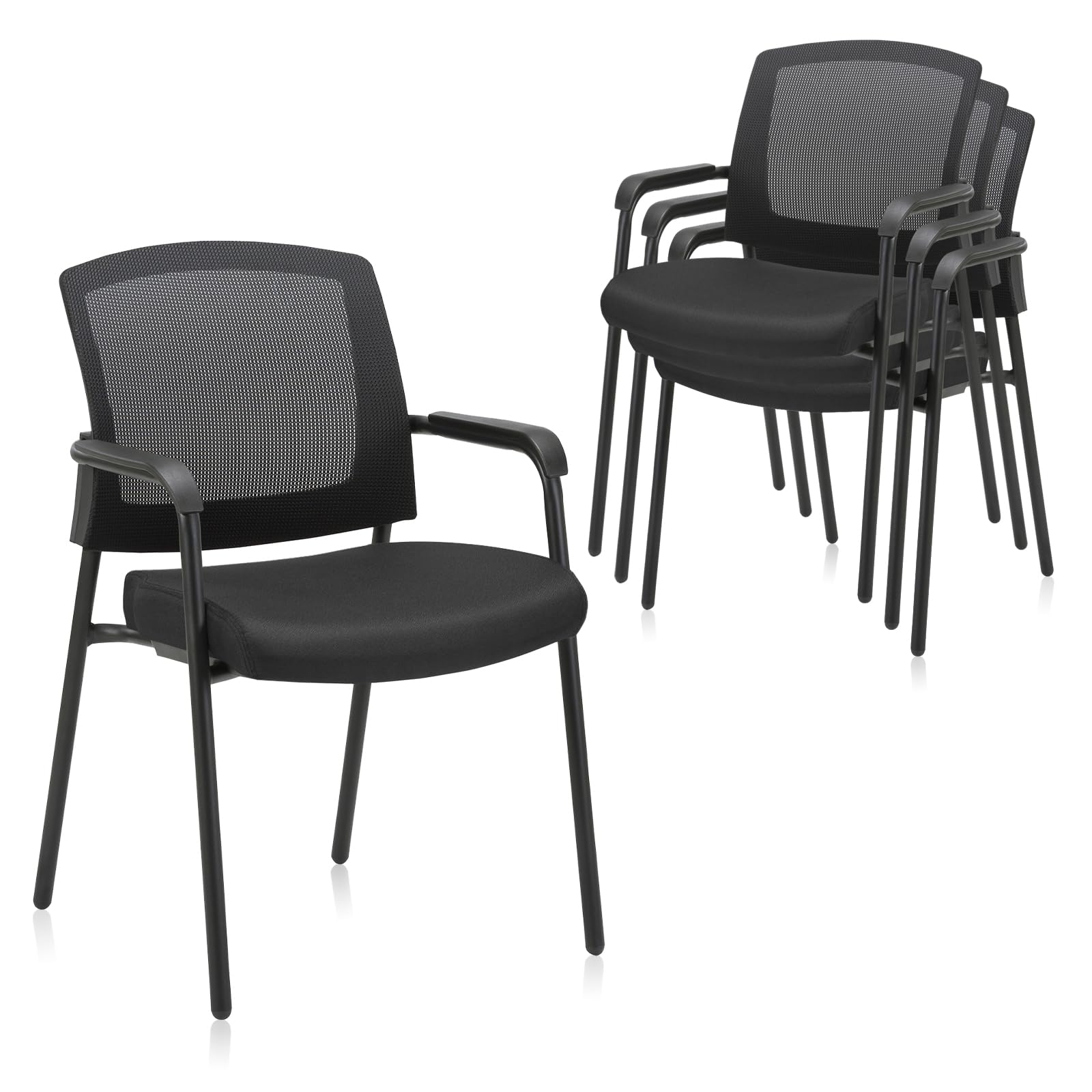 4 Pack, Office Reception Guest Chair Mesh Back Stacking with Ergonomic Lumbar Support and Thickened Seat Cushion for Waiting Conference Room Black