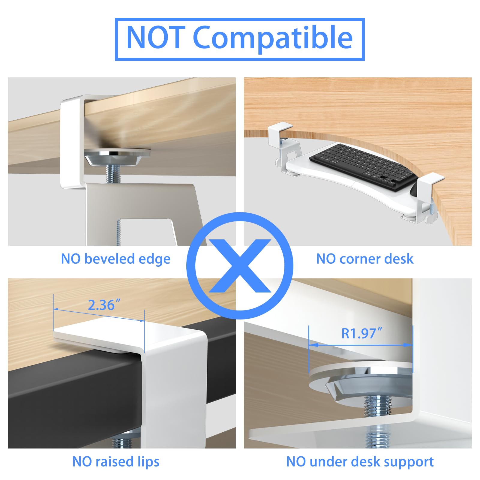 Small Keyboard Tray Under Desk Pull Out with C Clamp Mount, Computer Keyboard & Mouse Tray, 20 (24.2 Including Clamps) x 11.8 inch Slide-Out Platform Computer Drawer for Typing, White,