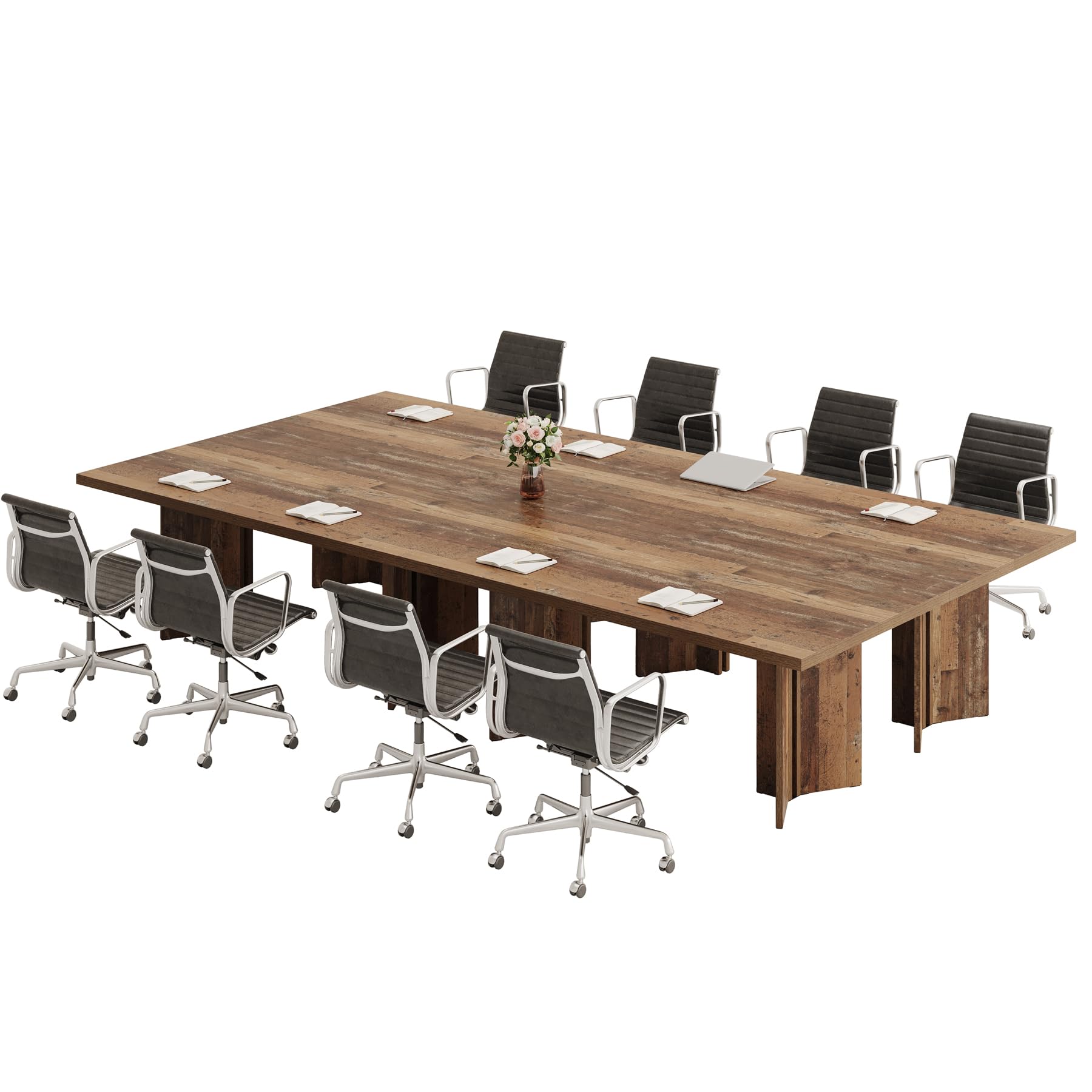 10.5FT Conference Table, Large Rectangle Meeting Seminar Table for 10-14 Person, Long Wooden Business Tables (Set of 4, Distressed Brown)
