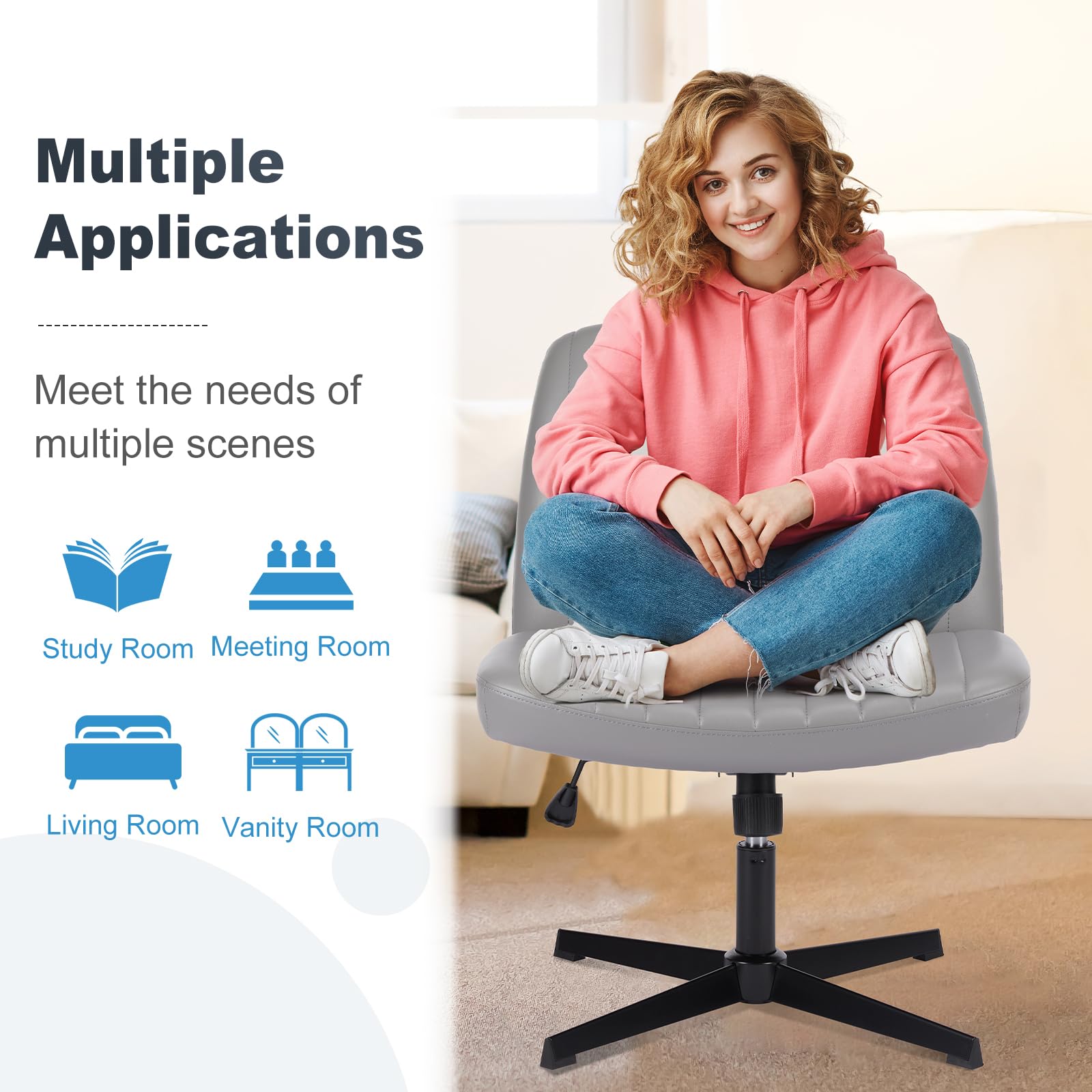 Criss Cross Legged Chairs Armless No Wheels Wide Seat Height Adjustable Swivel Padded PU Leather Home Office Desk Chair for Bedroom, Student, Study Room,Grey
