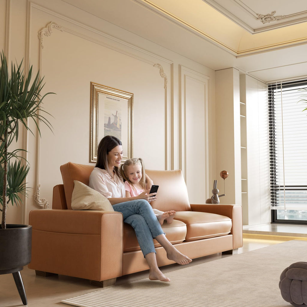 Faux Leather Couch, Mid Century Modern Comfy Loveseat Sofa with Wide Arm, Side Pockets, Solid Wooden Frame for Office, Living Room and Bedroom, 3 Seater (Brown, 88.58 inches)