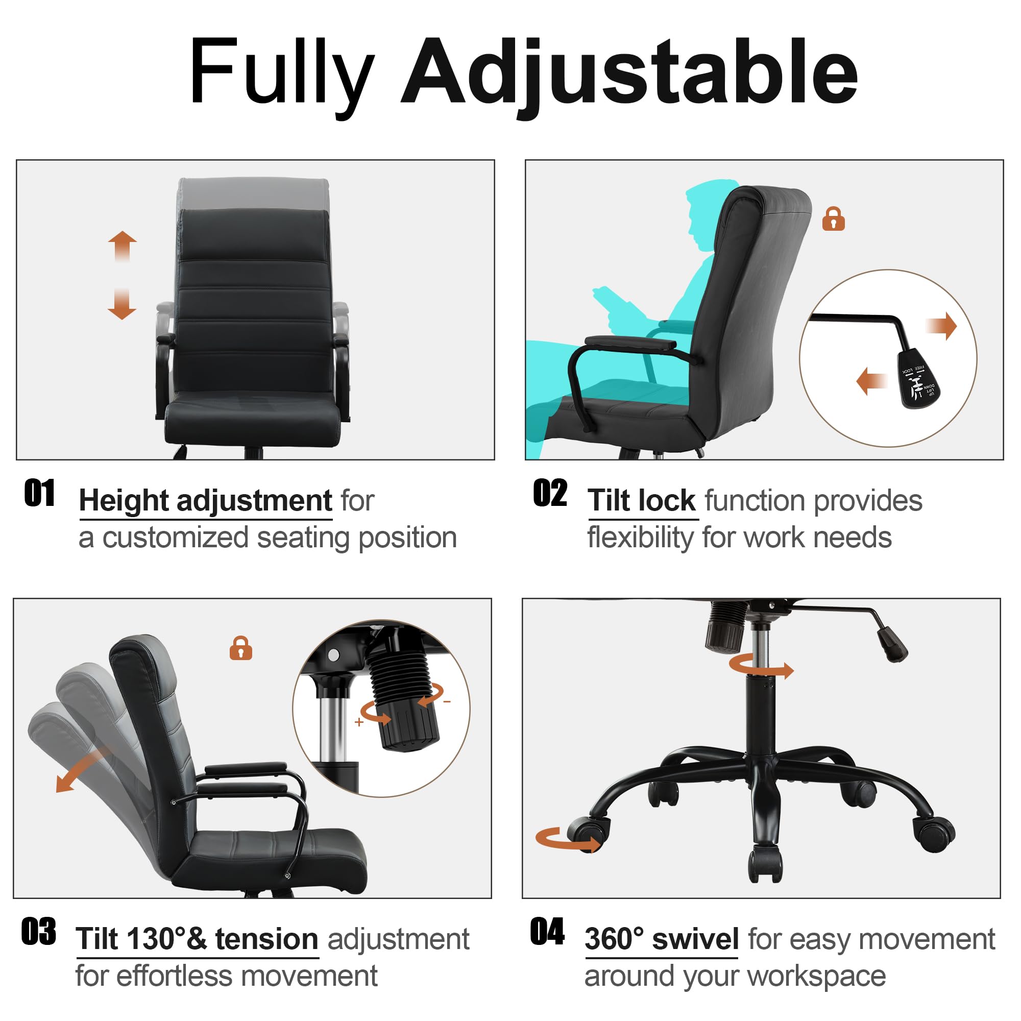 Office Desk Chair,Modern Conference Room Chairs,High Back Ergonomic Home ofiice Chair,Adjustable Height Swivel Executive Computer Chair with Padded Seat and Armrest,Pure Black
