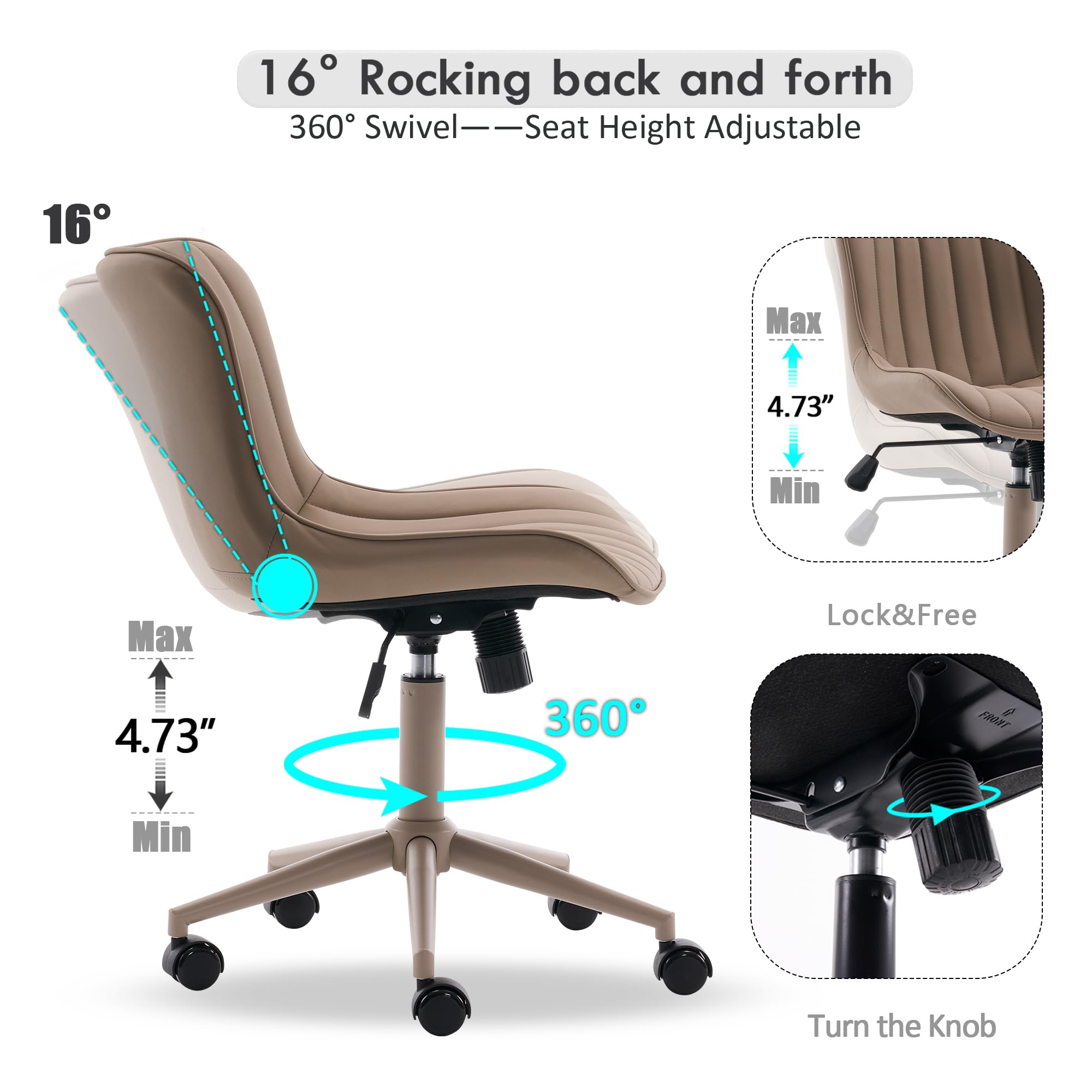 Home Office Desk Chair with Wheels Armless Vanity Chair with Back Comfy Modern Leather Upholstered Rolling Task Chair Swivel Small Cute Sewing Chair No Arms Wide Adjustable Ergonomic All Khaki