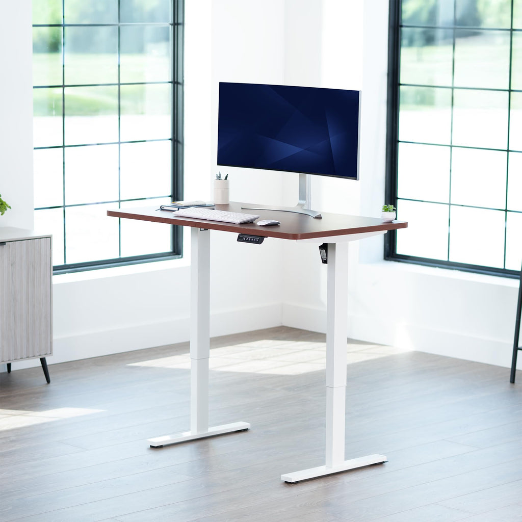 Electric 48 x 30 in Standing Desk, Memory Height Adjustment, 1B Series, Holds 220 lbs, One-Piece Dark Walnut Top, White Frame
