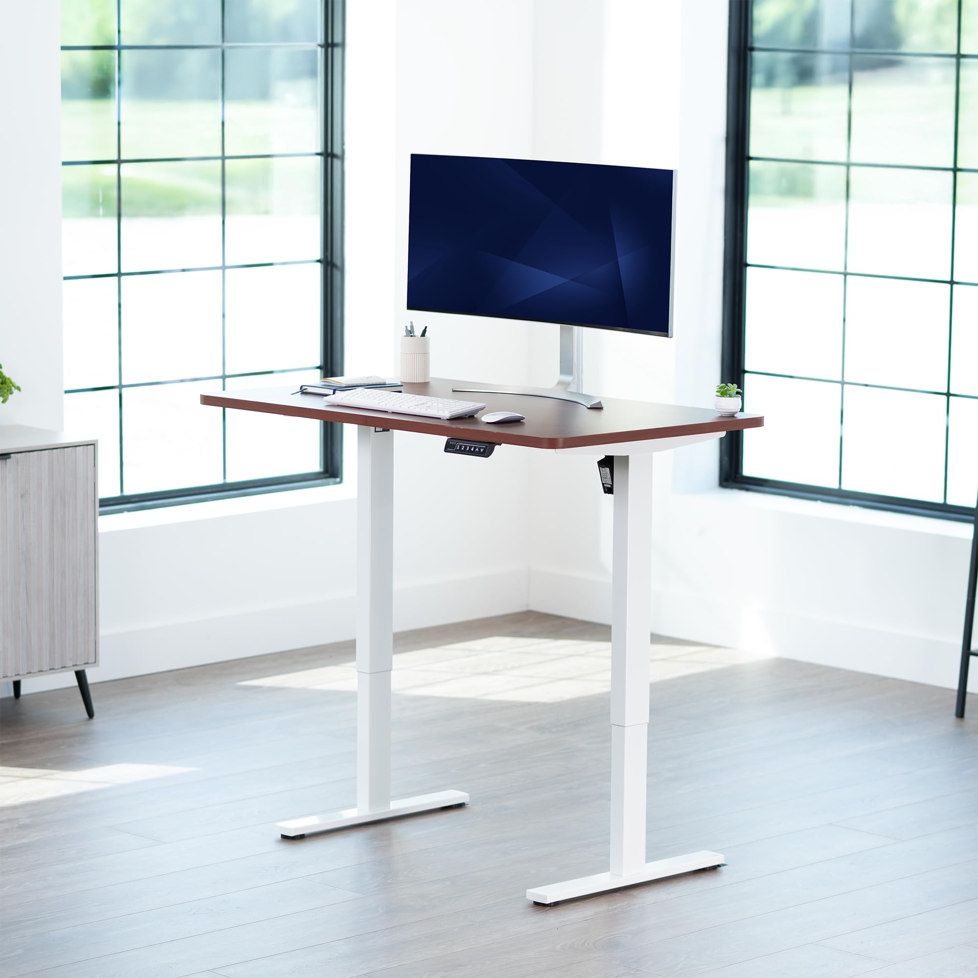 Electric 48 x 30 in Standing Desk, Memory Height Adjustment, 1B Series, Holds 220 lbs, One-Piece Dark Walnut Top, White Frame