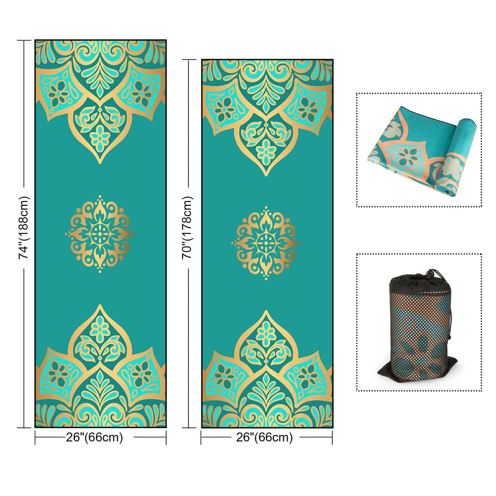 Hot Yoga Towel with Grip Dots, Non Slip, 70"x26, Turquoise Gold Mandala