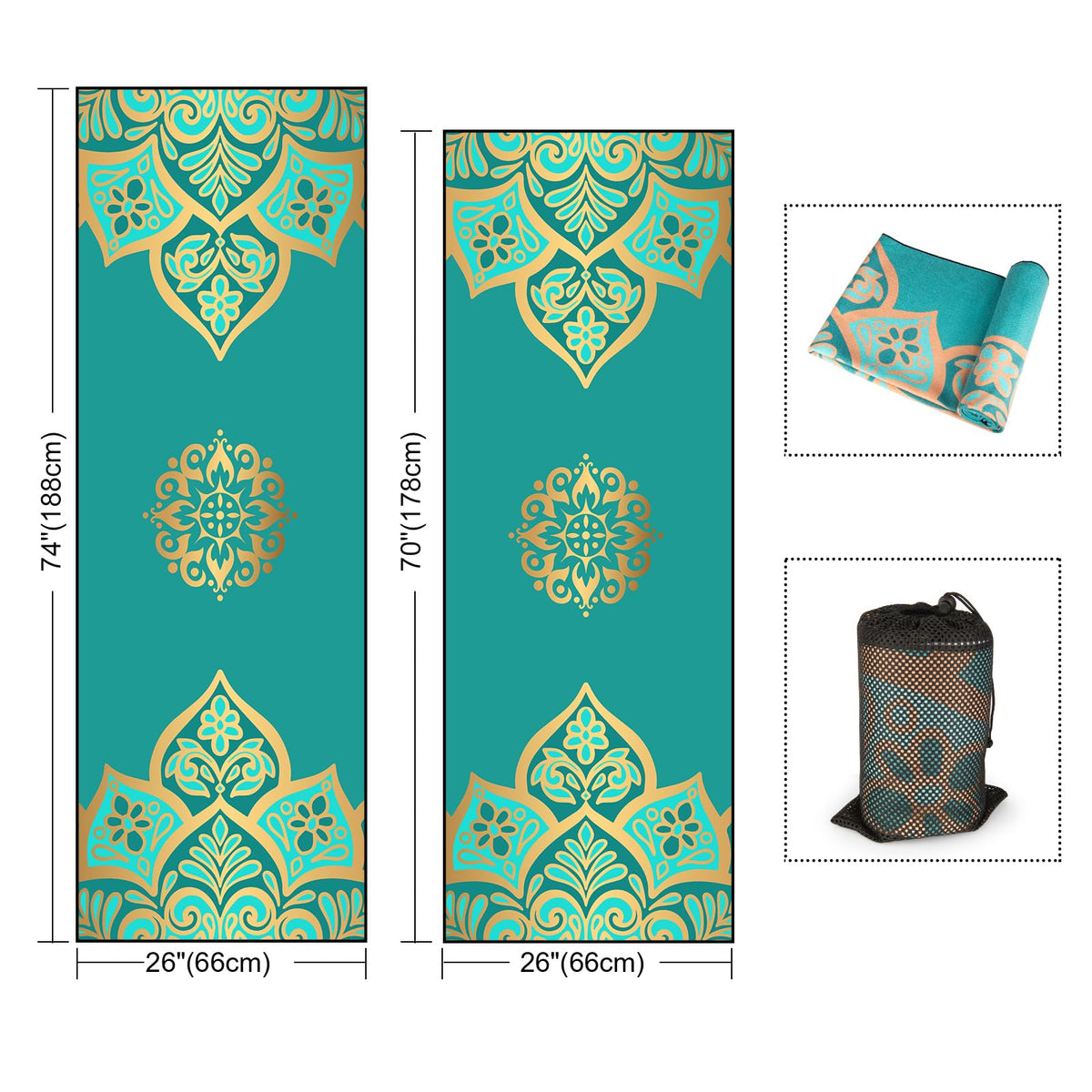 Hot Yoga Towel with Grip Dots, Non Slip, 70"x26, Turquoise Gold Mandala