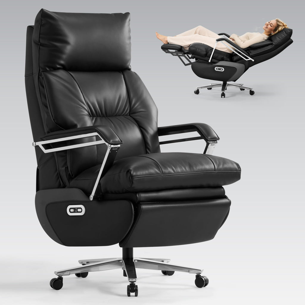 Dual Motor Electric Executive Office Chair with Footrest, Comfortable Reclining Office Chair Wide Seat, Big and Tall Ergonomic Leather Home Office Desk Chair (Black,No Massage)