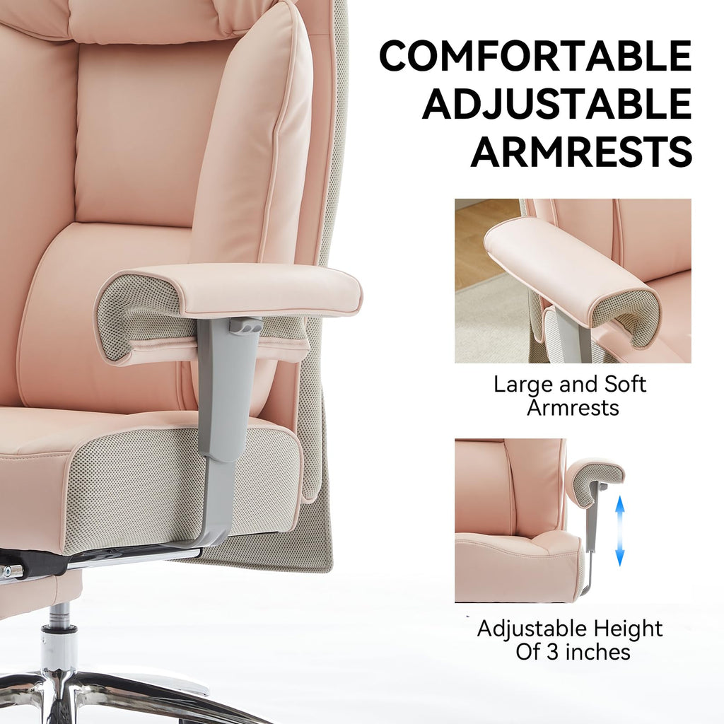 Big & Tall Pink Executive Office Chair 400lbs, Extra Wide 23.2" PU Leather Desk Chair for Women with Footrest, Pocket Spring & Adjustable Arms for Home Office
