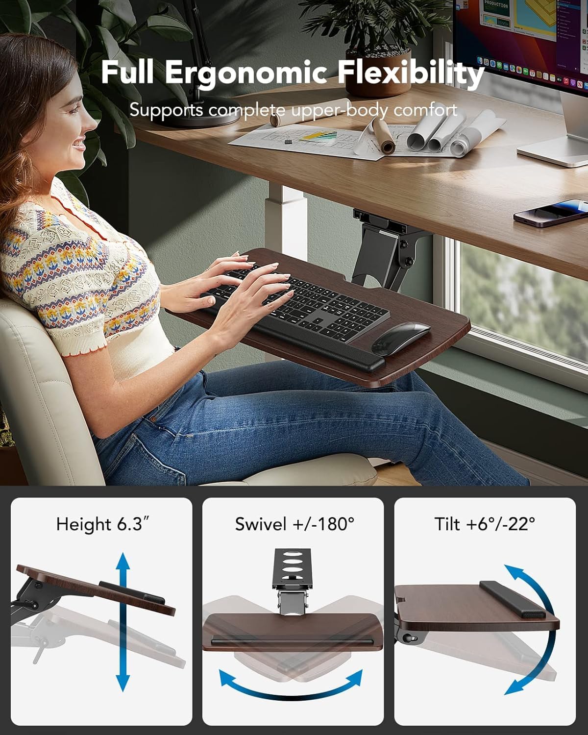 Keyboard Tray Under Desk, 360 Adjustable Ergonomic Sliding Keyboard & Mouse Tray, Under Desk Keyboard Tray Slide Out, Keyboard Holder Under Desk for Typing in Home, Office Work, 25"W x 9.84"D
