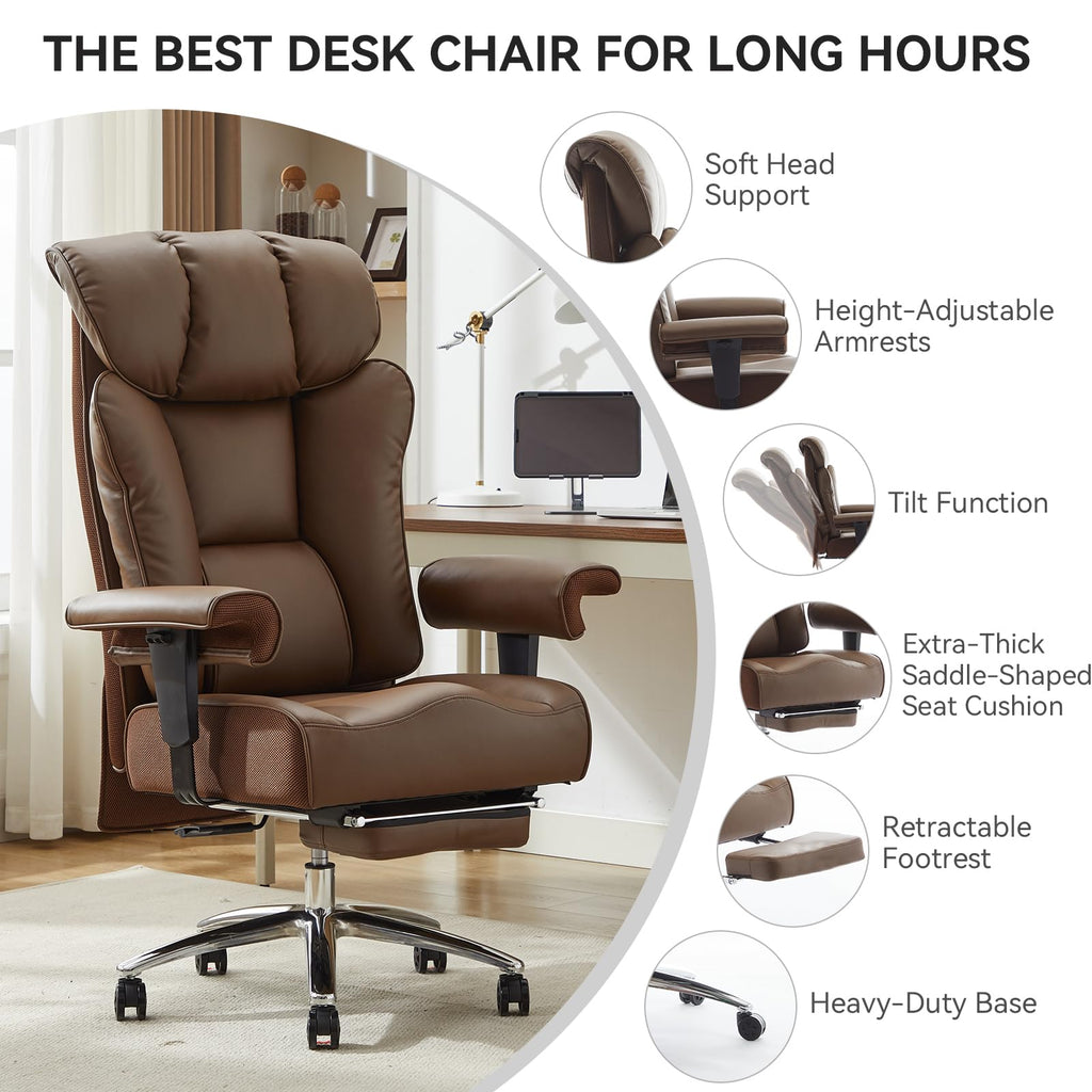 Big and Tall Office Chair 400lbs - Heavy Duty Executive Desk Chair with Foot Rest & 23" Wide Seat - High Back Ergonomic Leather Computer Chair for Heavy People, Home Office, Brown