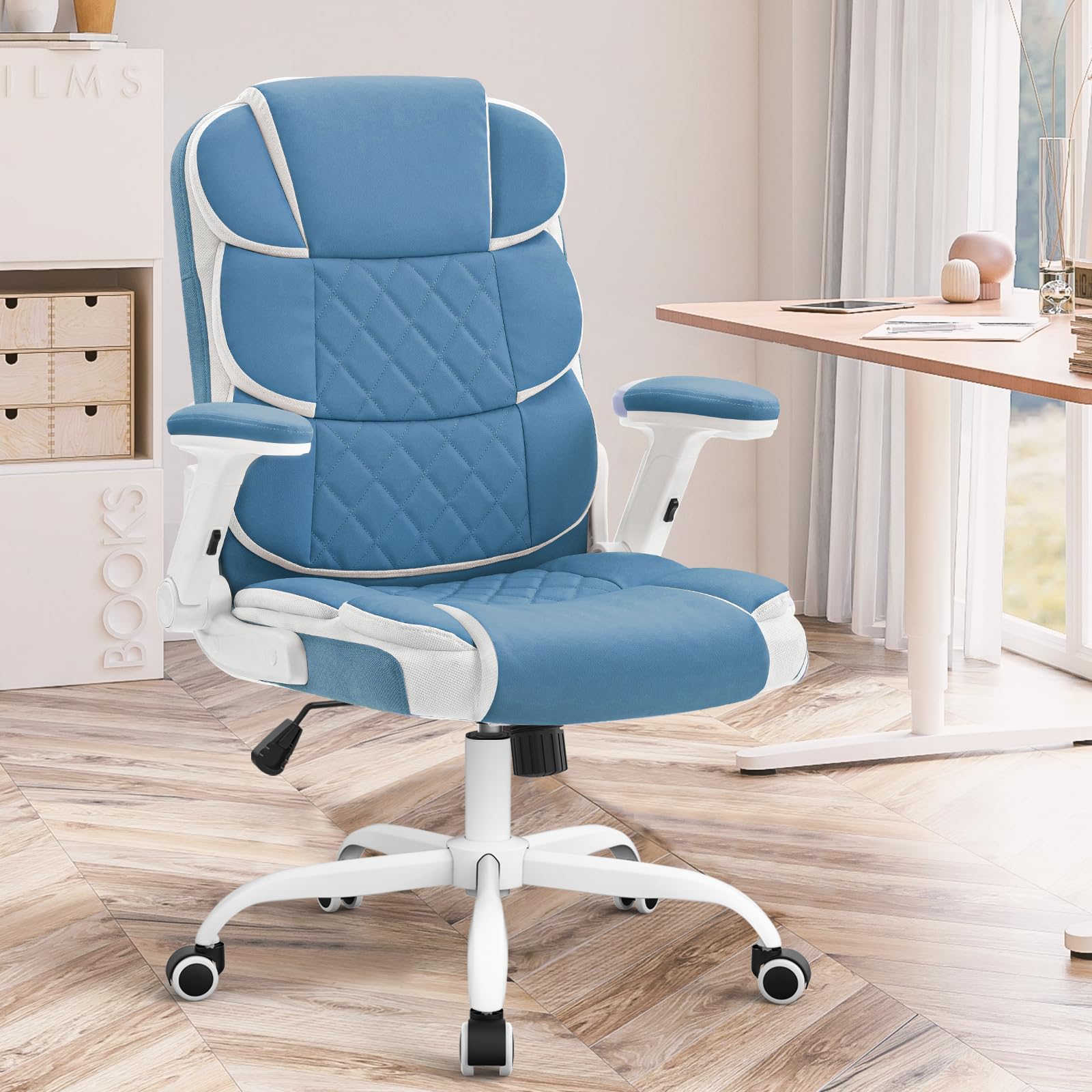 Blue Office Chair Leather Ergonomic Executive Computer Desk Chairs Small Cute Rolling Task Chairs for Teens&Adults