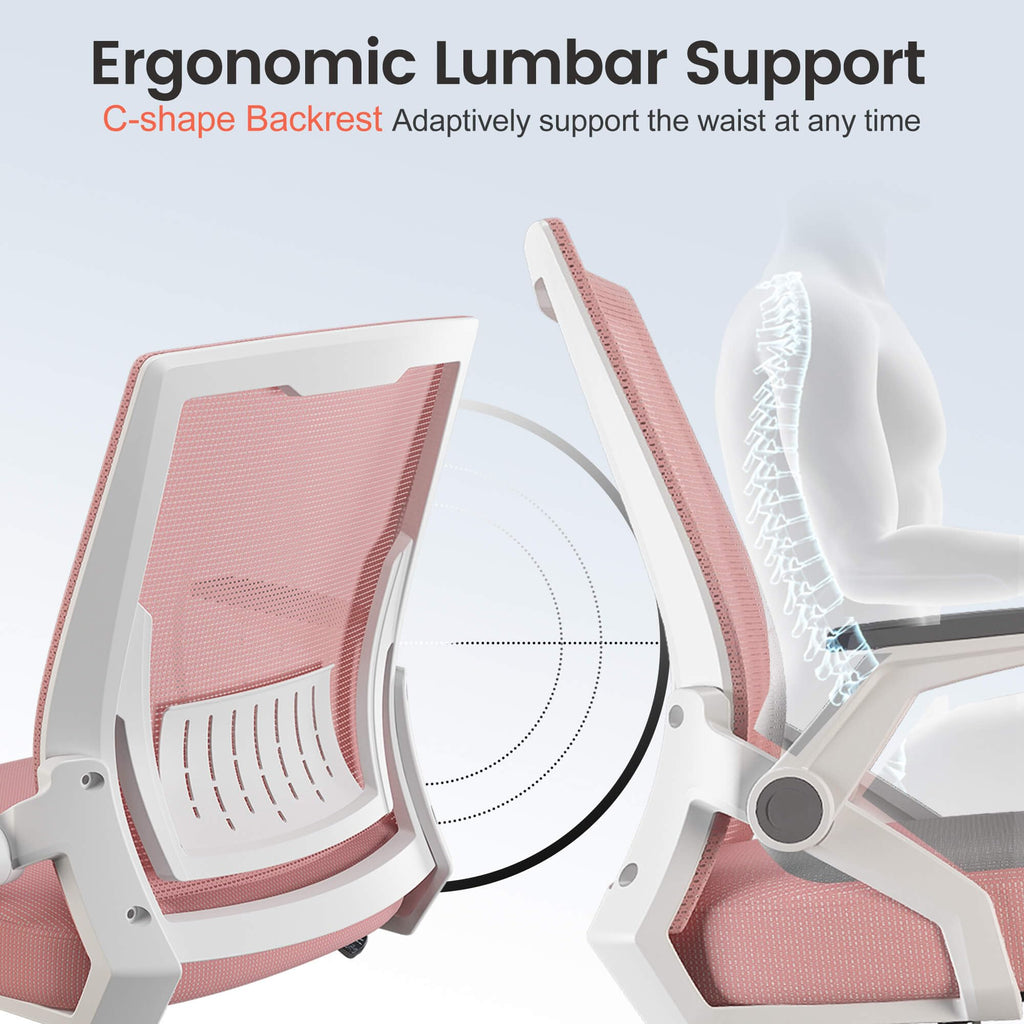 Office Chair with Flip-up Armrests Ergonomic Computer Desk Chair with Adaptive Lumbar Support & Breathable Mesh, Pink