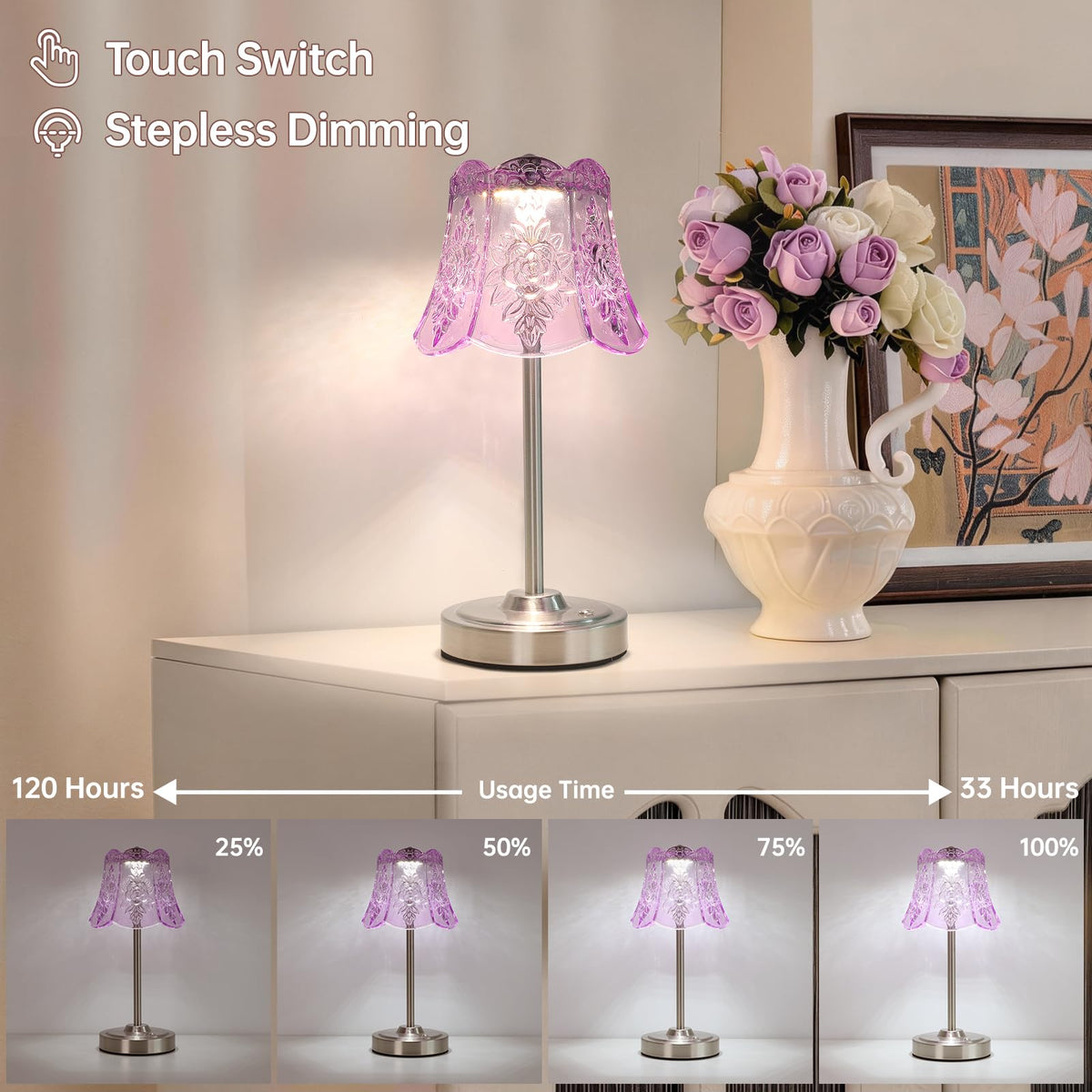 Cordless Touch Table Lamp with 5200mAh Battery - 3 Adjustable Color Temperatures & Dimmable, Rechargeable Desk Lamp for Bedroom, Living Room, Office, Entryway, Bookshelves (Clear Purple Rose)