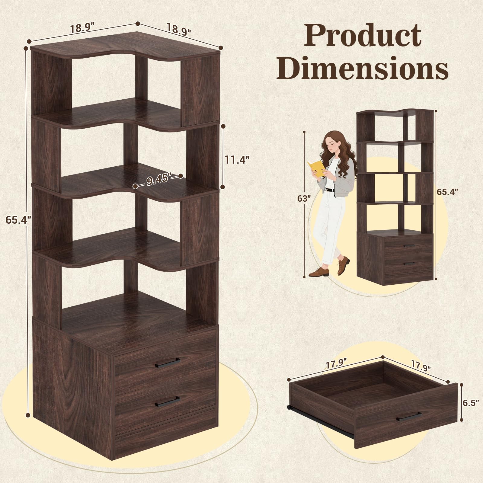 Corner Book Shelf with Drawers, Small Corner Shelf with Drawers