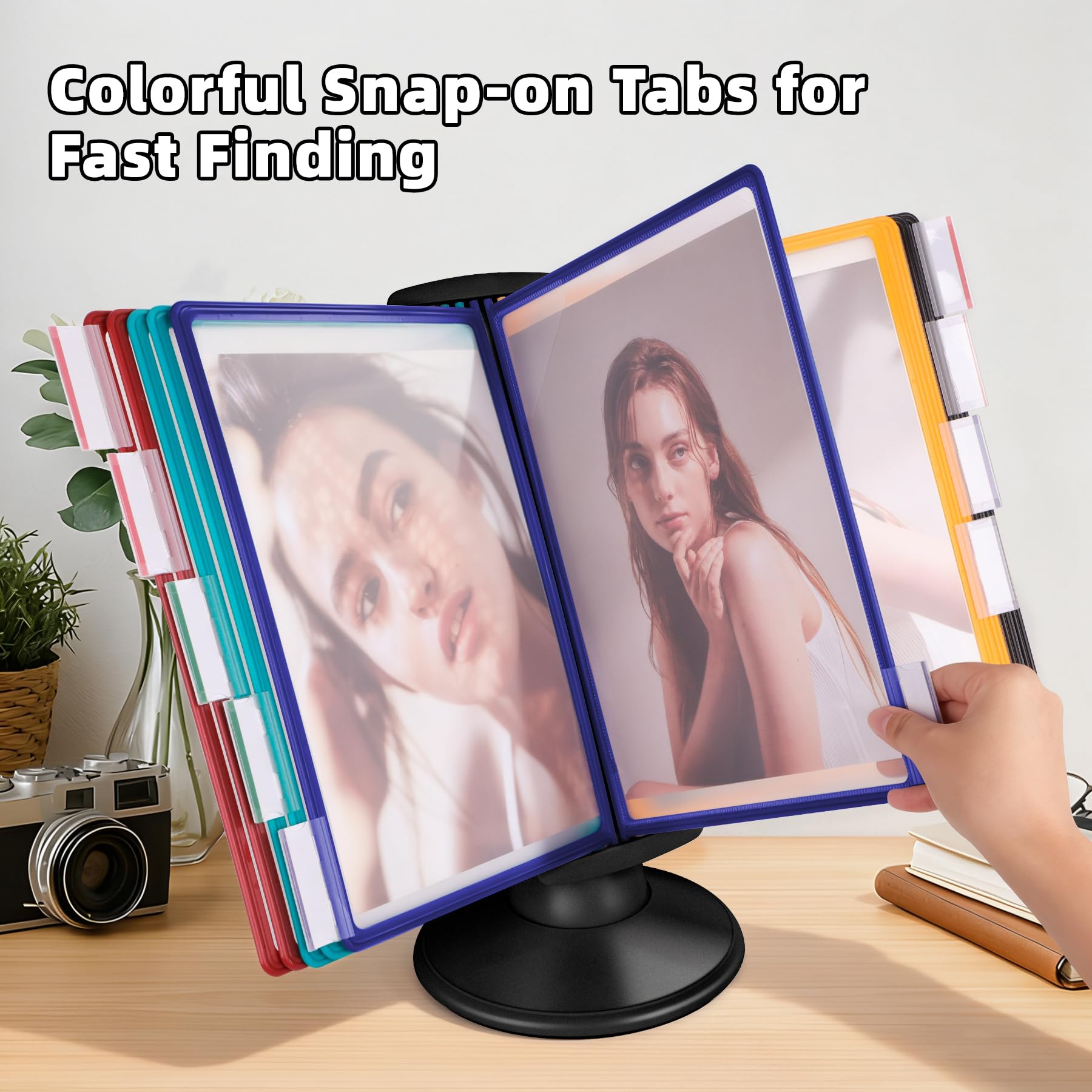 10-Pocket Desktop Reference & Display System with 360° Adjustable Base, Fast Flip & Find Desk Reference Organizer, A4/Letter Size 10 Double-Sided Panels with 5-Color Borders & Index Tabs, Black