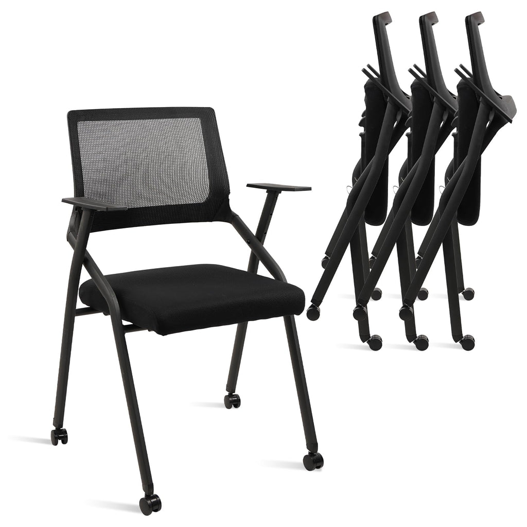 Black (4 pk) Ergonomic Stackable & Foldable Conference Room Chairs, Mesh Office Chair with Arms and Wheels for Office Waiting Room Meeting Lobby Church School Receptions and Training
