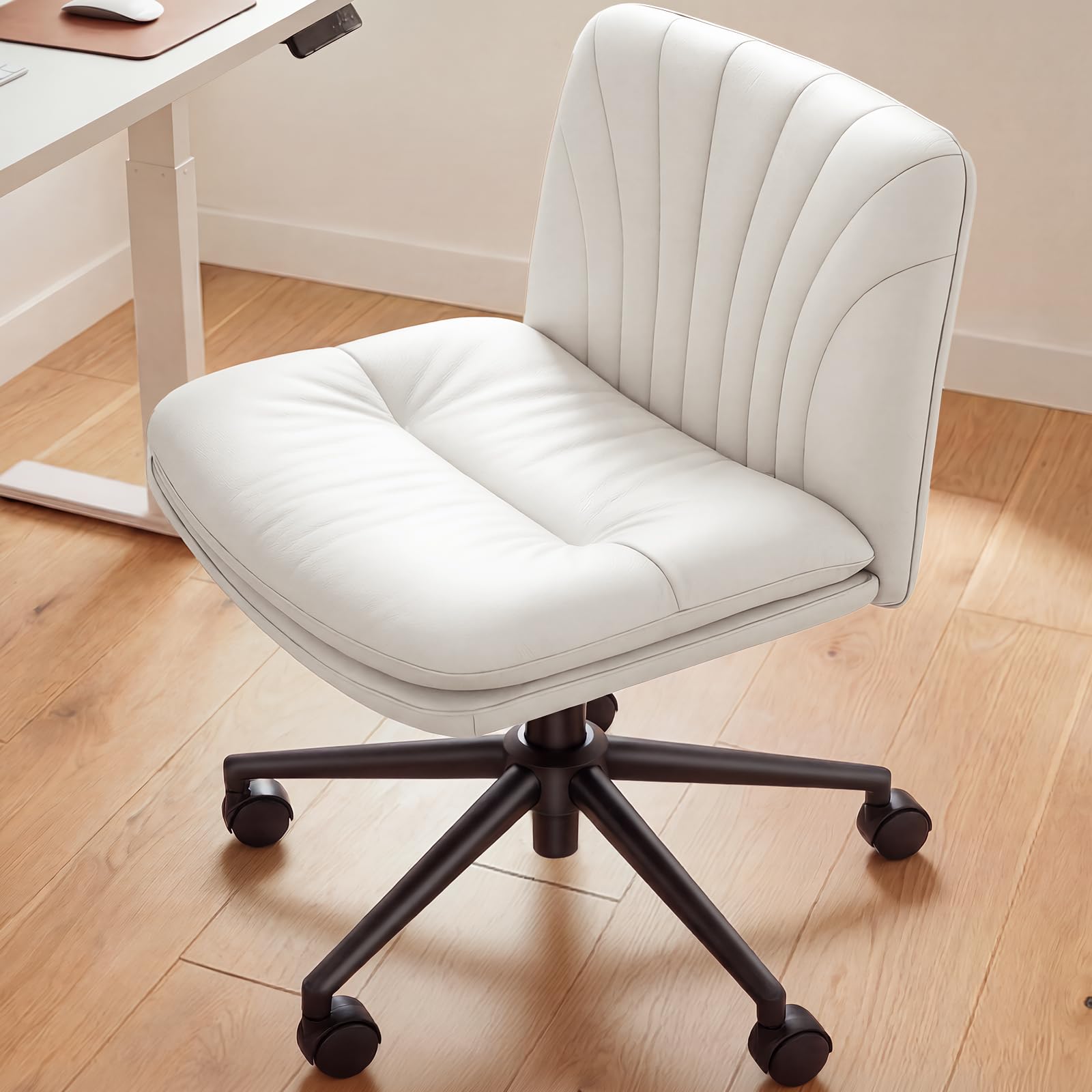 Armless-Office Desk Chair with Wheels: PU Leather Cross Legged Wide Chair,Comfortable Adjustable Swivel Task Chairs for Home,Office,Make Up,Small Space,Bed Room(Light Beige)