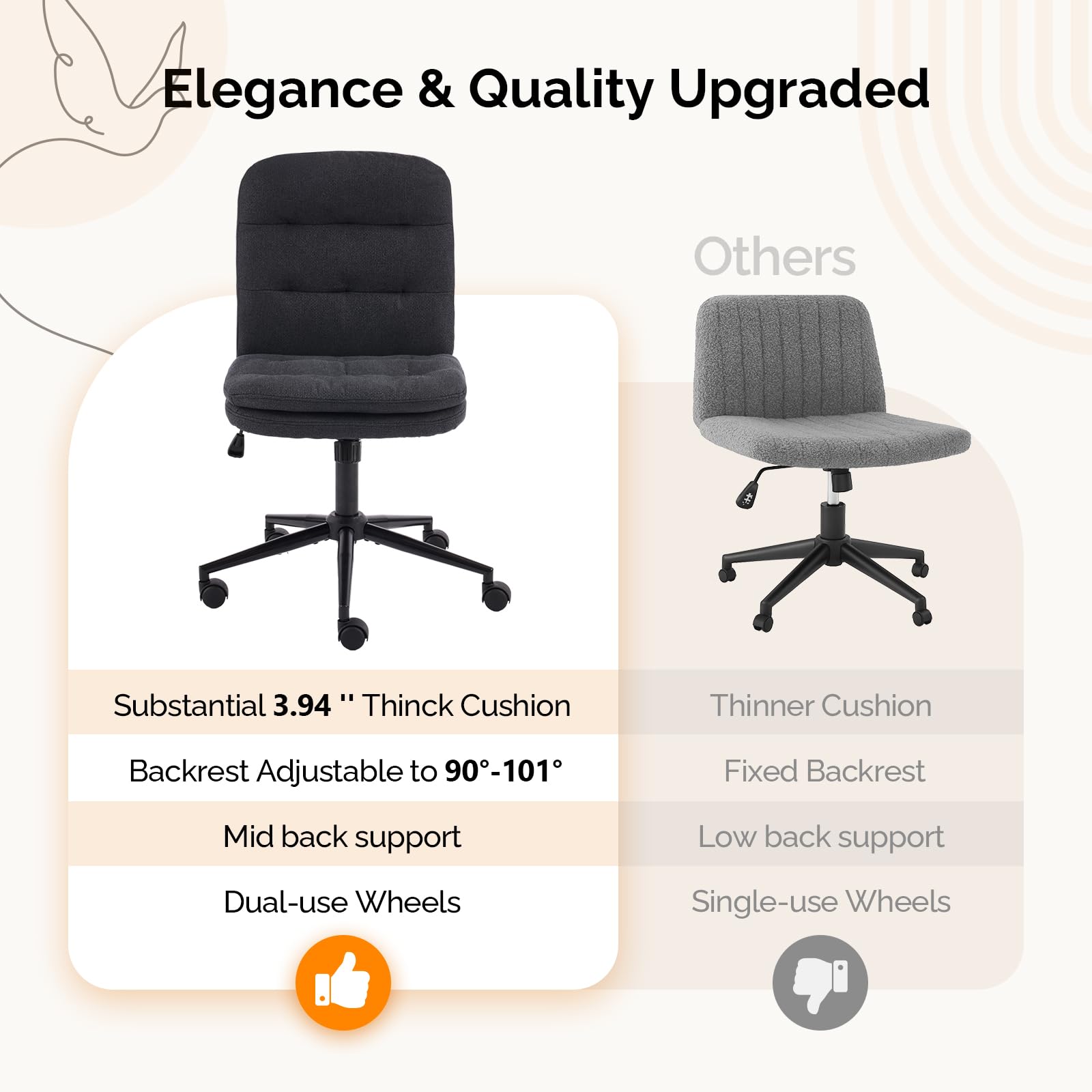 Mid Back Armless Office Desk Chair with Wheels/no Wheels,360°Rocking Swivel Vanity Chair with Thickened Cushion,Adjustable Height Rolling for Reading Room, Make up, Linen Black