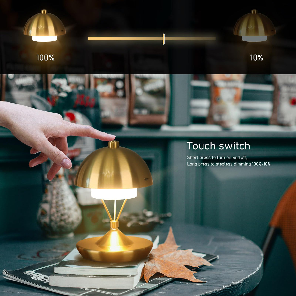Modern Table Lamp Cordless Portable Desk Lamp, 2700K Stepless Dimming Rechargeable Battery Operated LED Lights for Bedroom, USB-C Charging, Restaurant/Bar/Night Light/Gifts (Brass)