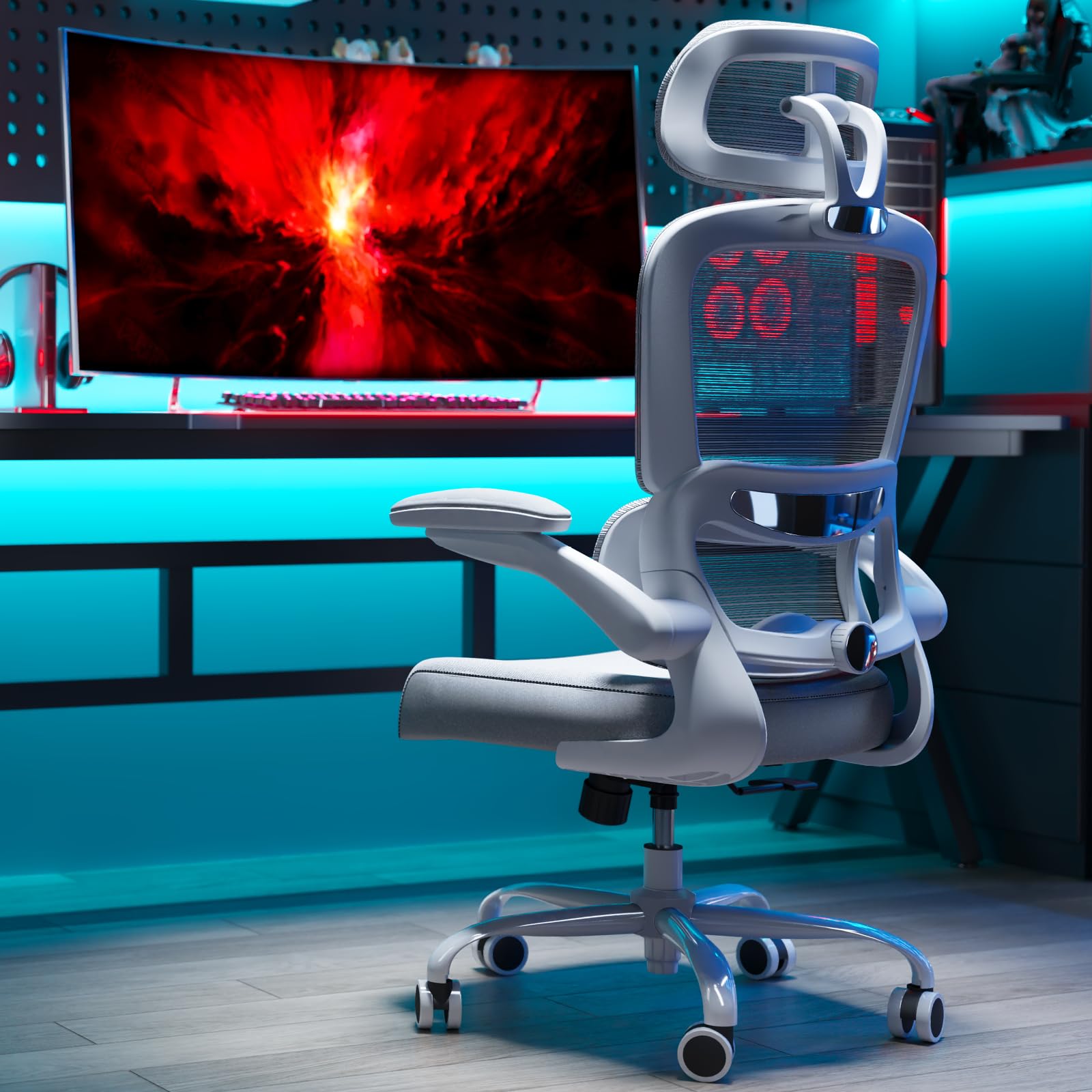 Office Chair Ergonomic Desk Chair, 330 LBS Home Mesh Office Desk Chairs with Wheels, Comfortable Gaming Chairs (Light Grey)