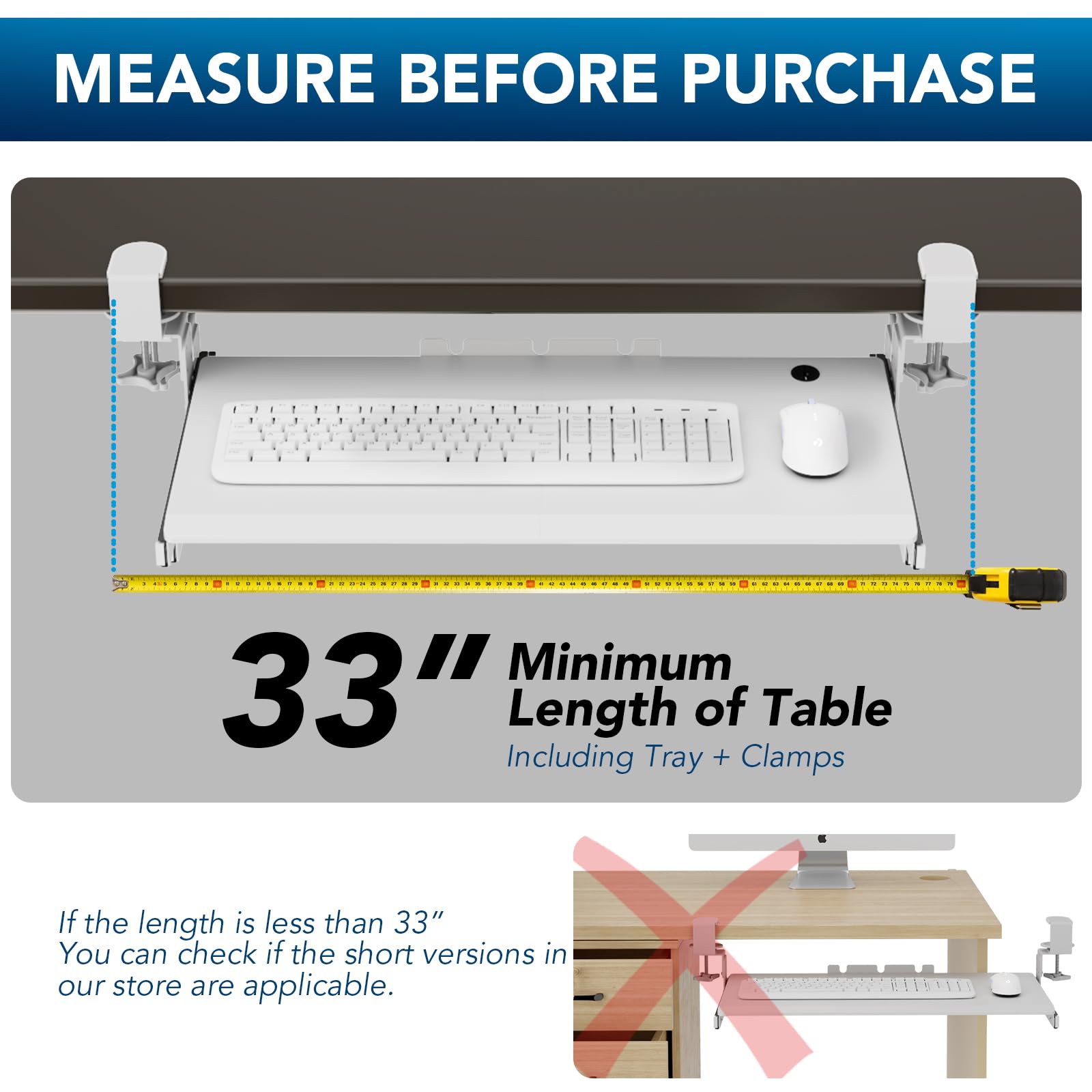 Keyboard Tray Under Desk Pull Out with Extra Sturdy C Clamp Mount System, 27.3 (32.5 inch Including Clamps) x 11 Inch Slide-Out Platform Computer Drawer for Typing White