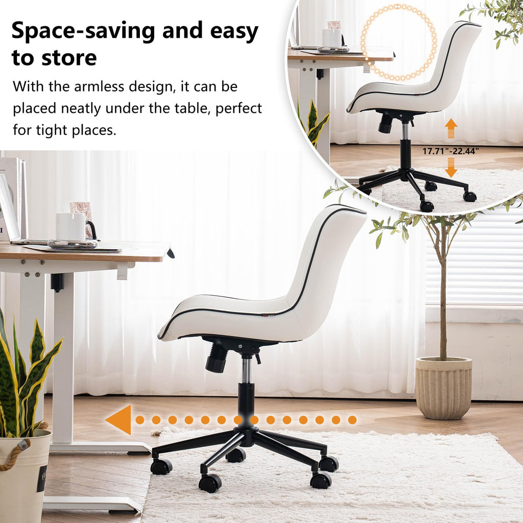 White Armless Office Chair Faux Leather Small Cute Desk Chair with 12° Rocking Back Adjustable Height Swivel Vanity Chair Ergonomic Compact Home Computer Rolling Task Chair for Small Spaces